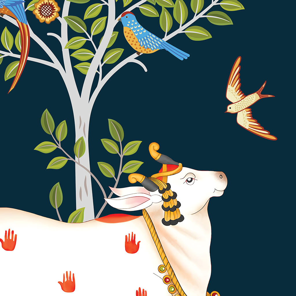 Original Handmade Kamadhenu Painting – Divine Tree of Life Sacred Art (3x4 Ft)