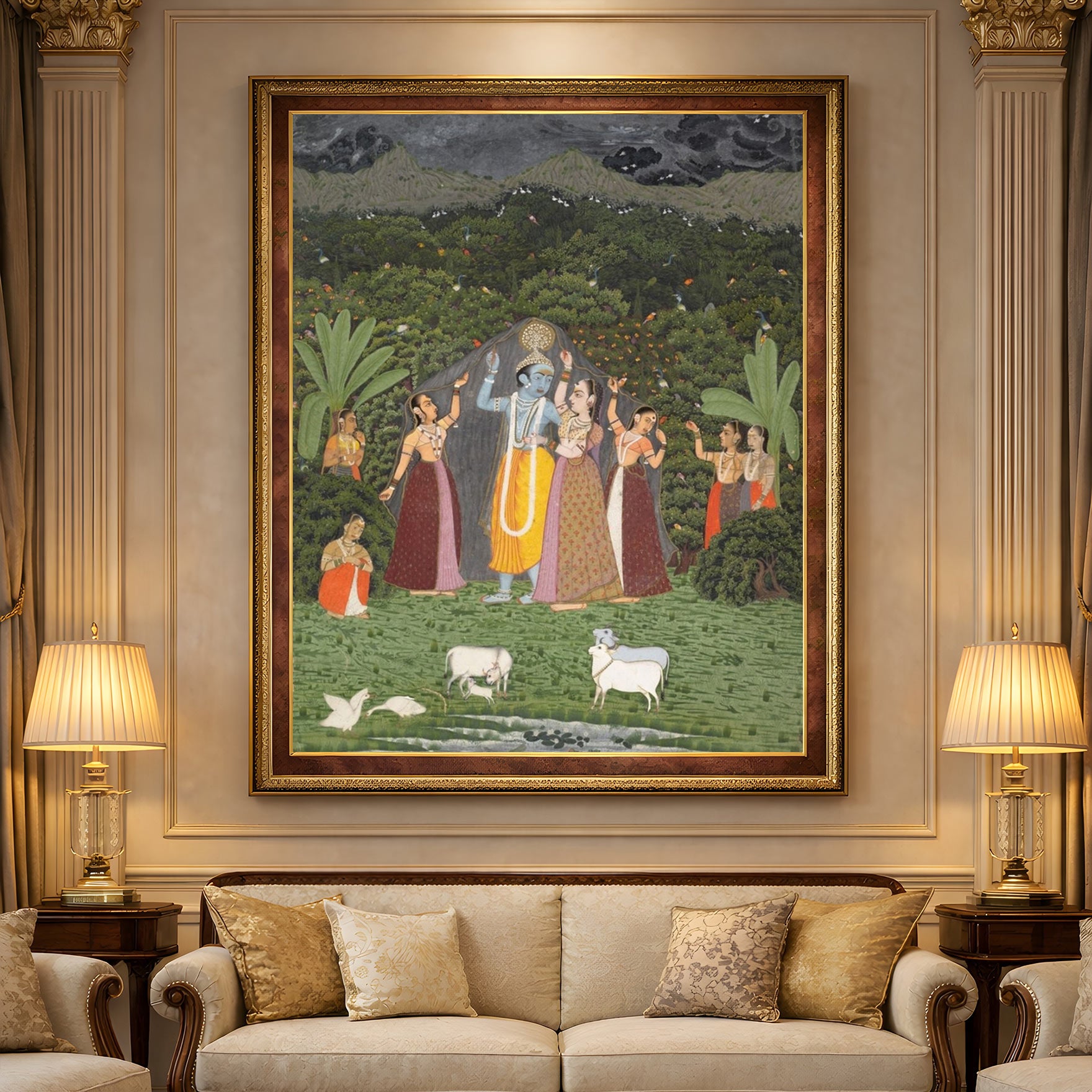 Handmade Krishna and the Gopis Take Shelter from the Rain | 3x4 Ft Sacred Indian Art