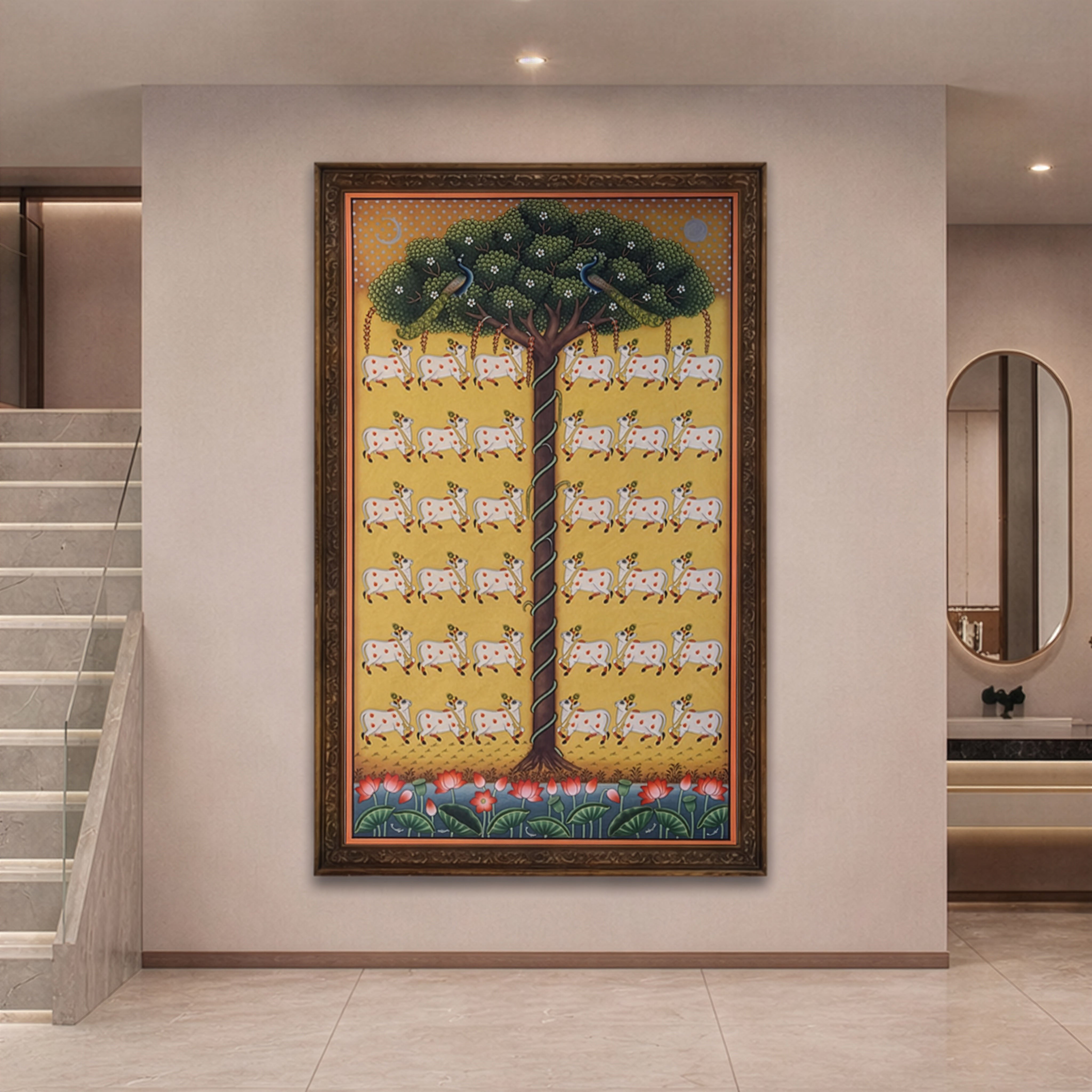 Original Handmade Kamadhenu Tree of Life Painting (3x4 Ft) – Sacred Vastu Cow Artwork