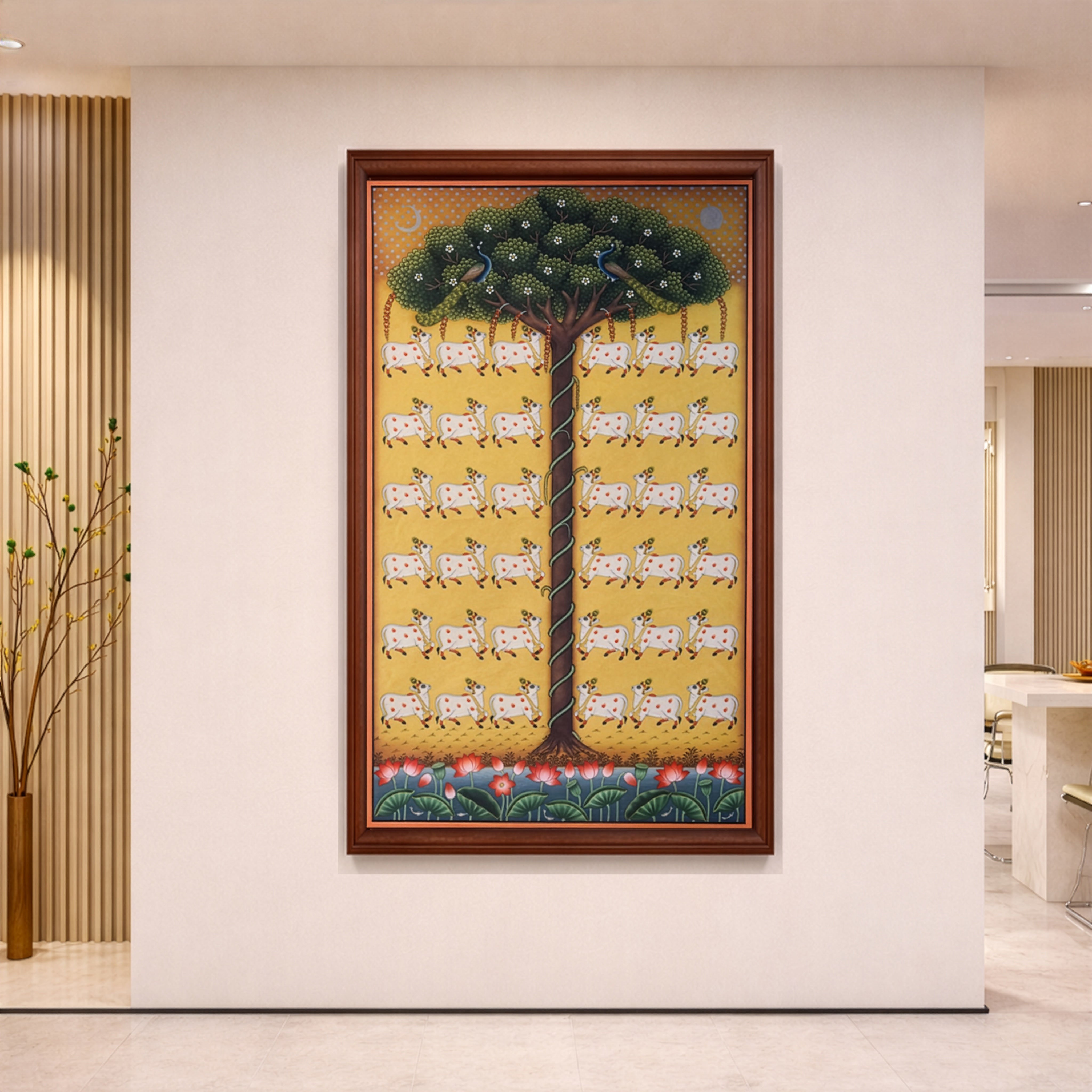 Original Handmade Kamadhenu Tree of Life Painting (3x4 Ft) – Sacred Vastu Cow Artwork