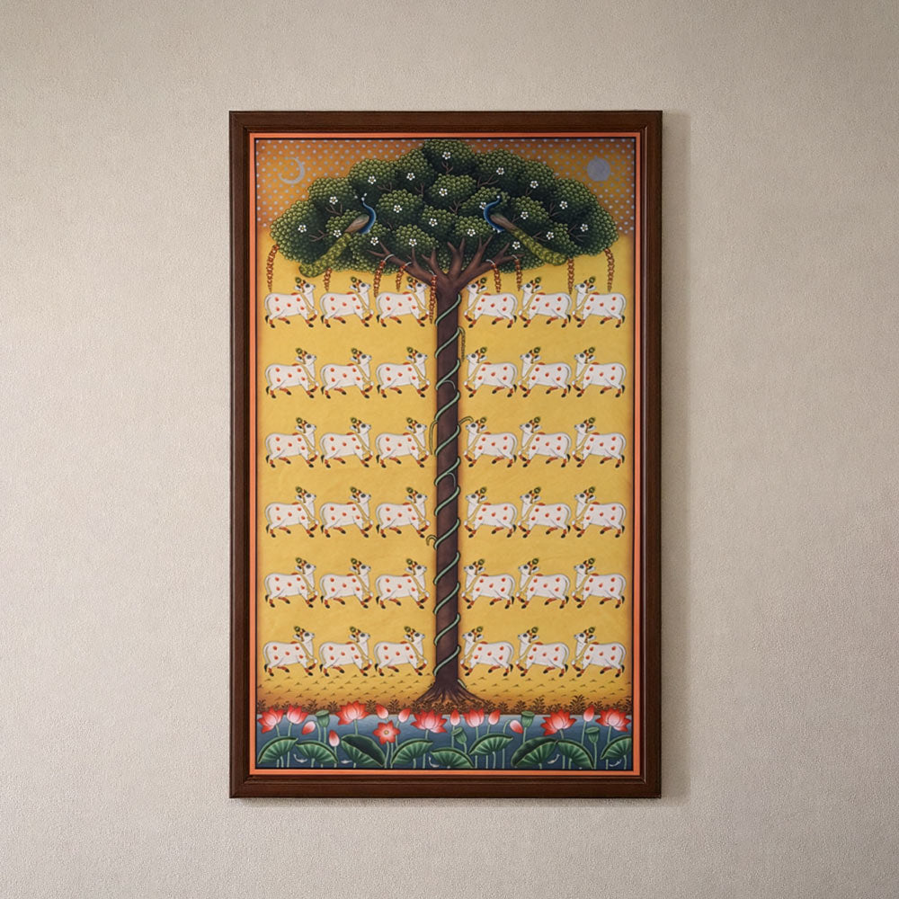 Original Handmade Kamadhenu Tree of Life Painting (3x4 Ft) – Sacred Vastu Cow Artwork