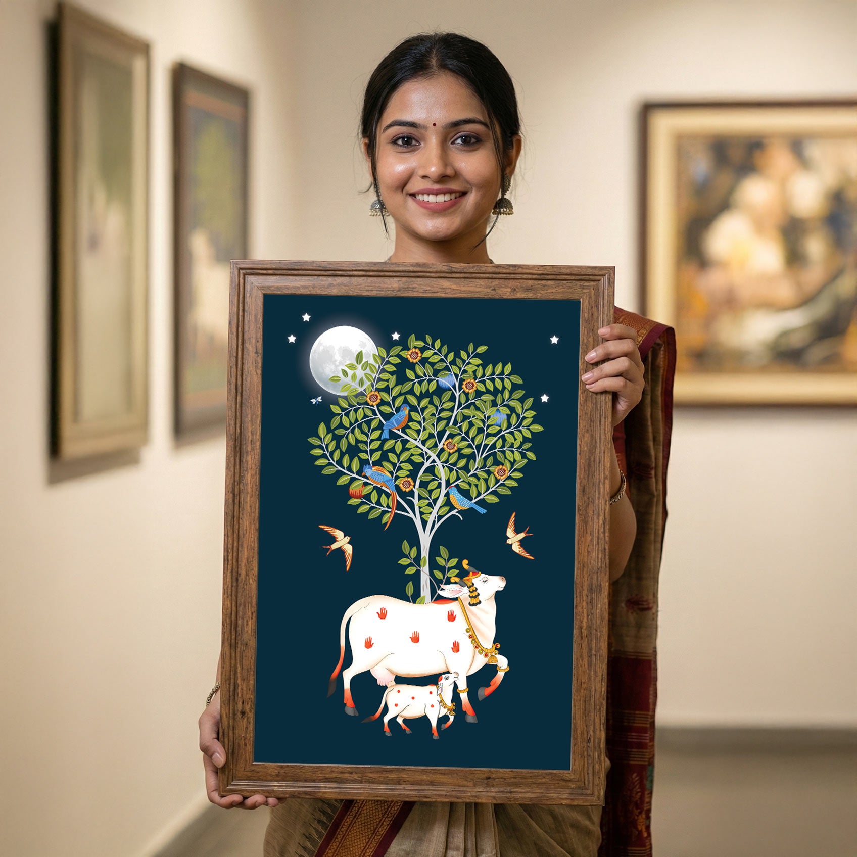 Original Handmade Kamadhenu Painting – Divine Tree of Life Sacred Art (3x4 Ft)