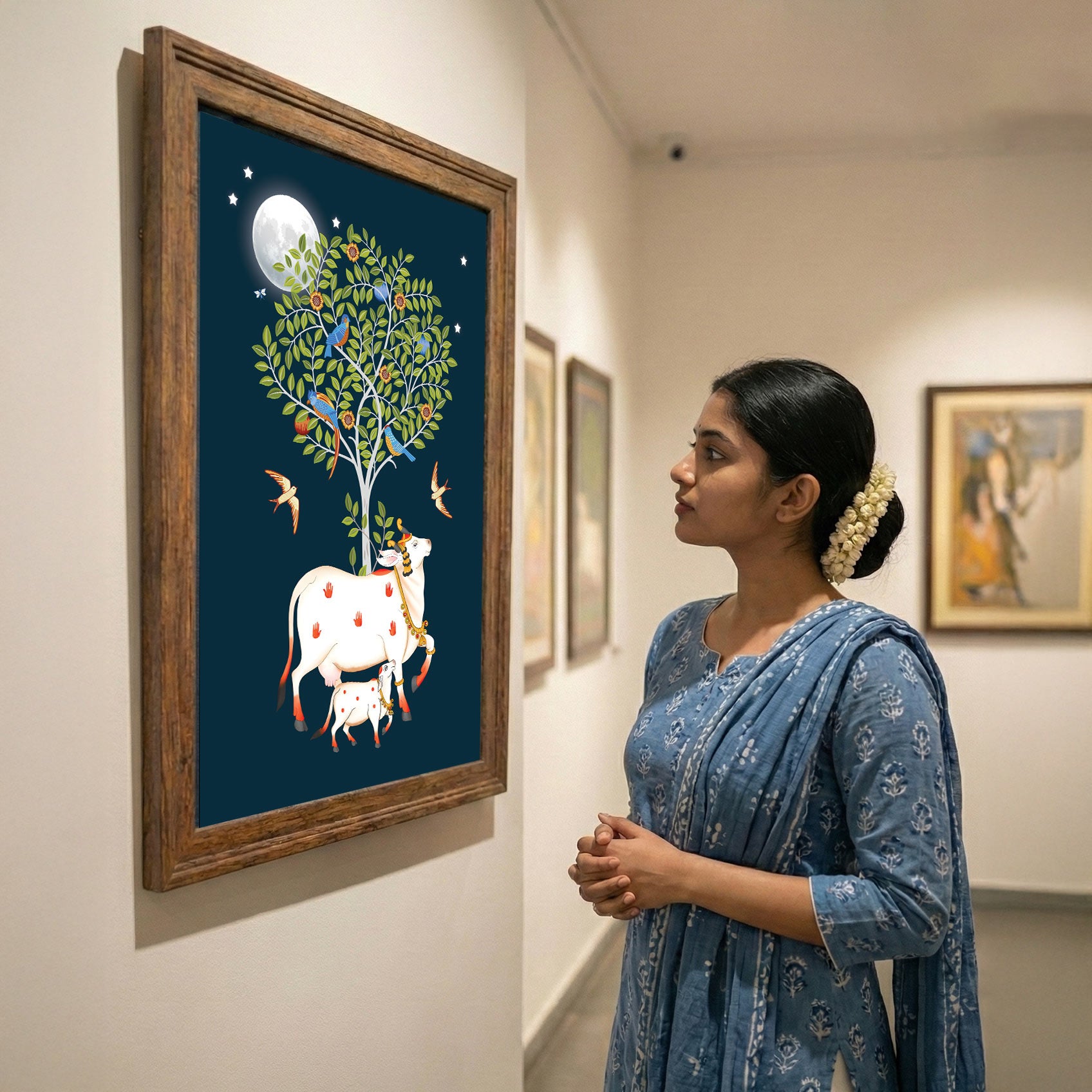 Original Handmade Kamadhenu Painting – Divine Tree of Life Sacred Art (3x4 Ft)