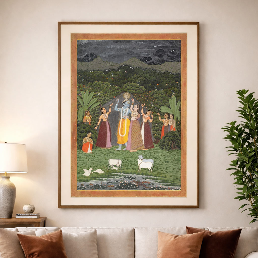 Handmade Krishna and the Gopis Take Shelter from the Rain | 3x4 Ft Sacred Indian Art