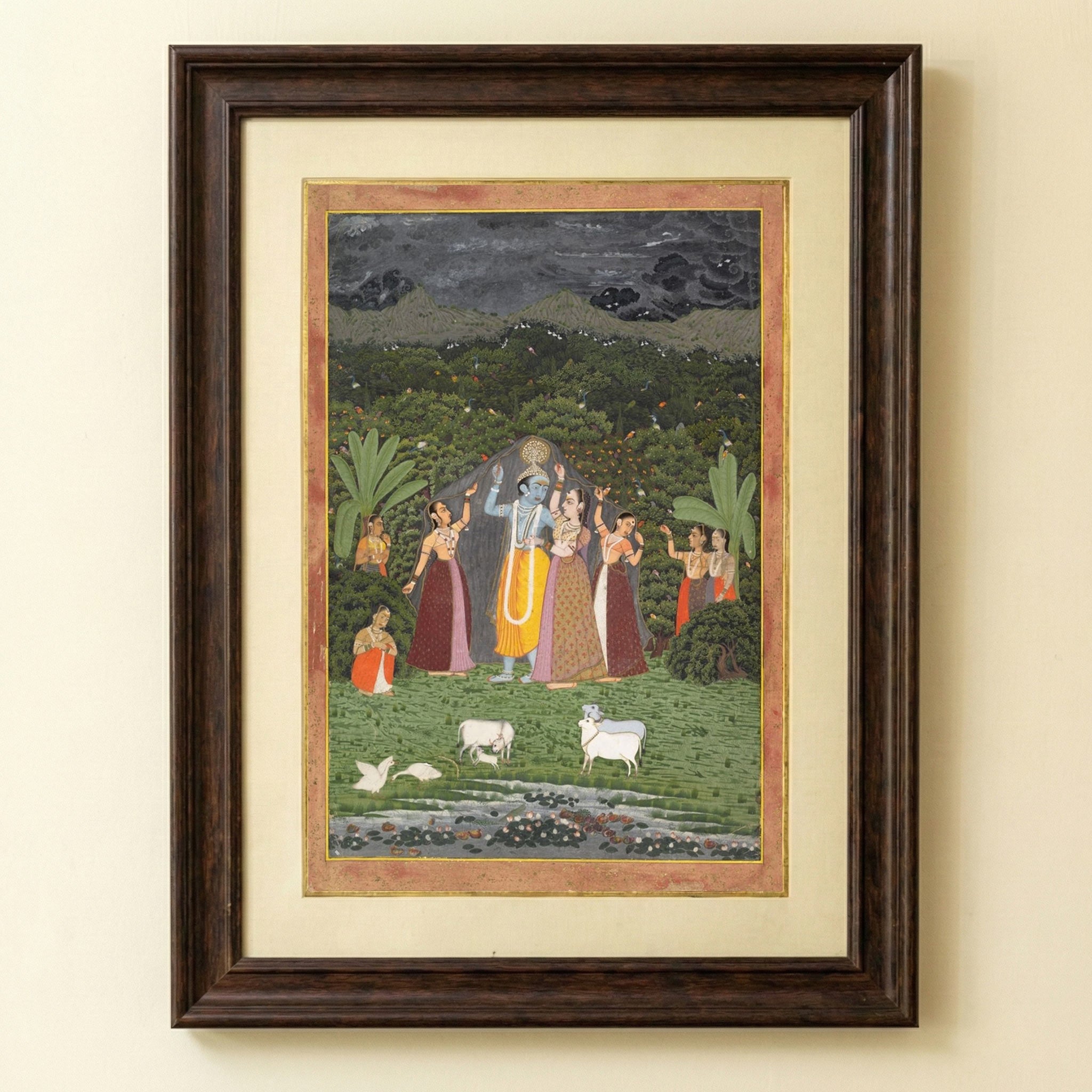 Handmade Krishna and the Gopis Take Shelter from the Rain | 3x4 Ft Sacred Indian Art