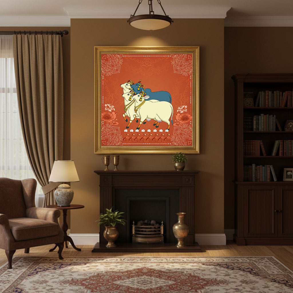krutik Indian Sacred Cow Wall Art – Regal Ethnic Painting for Home