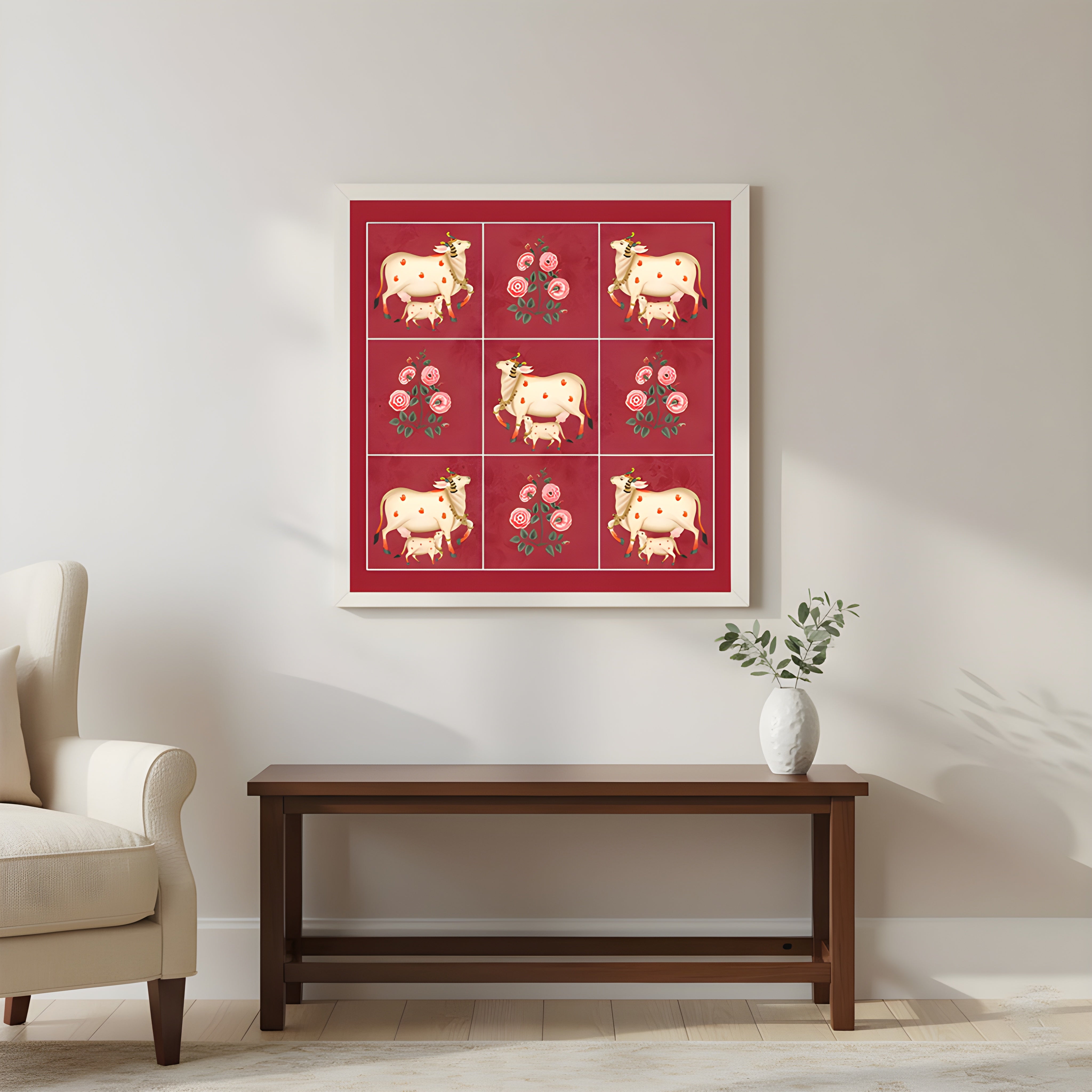 Sacred Cow with Calf Grid Painting by Krutik – Indian Motif Wall Art