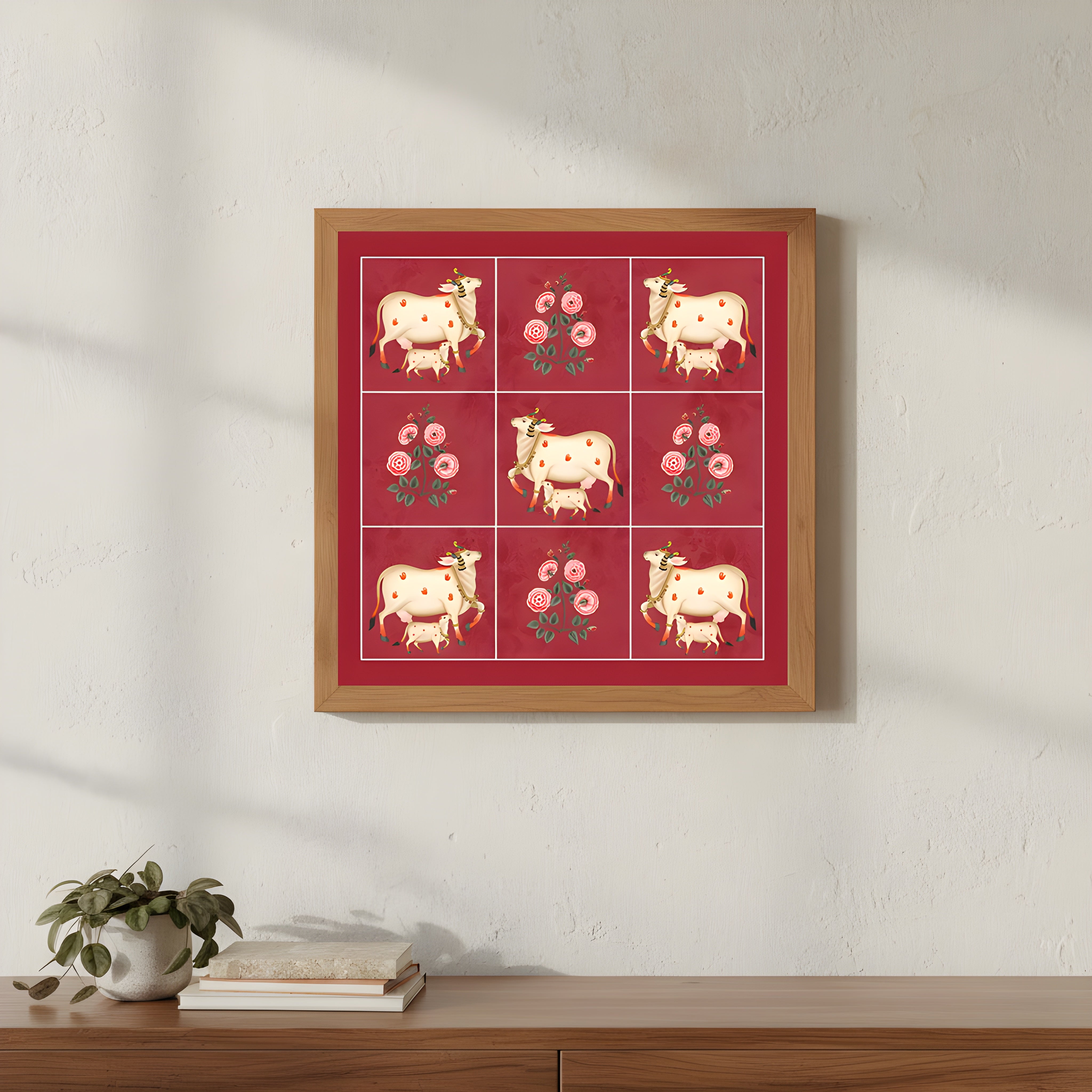 Sacred Cow with Calf Grid Painting by Krutik – Indian Motif Wall Art
