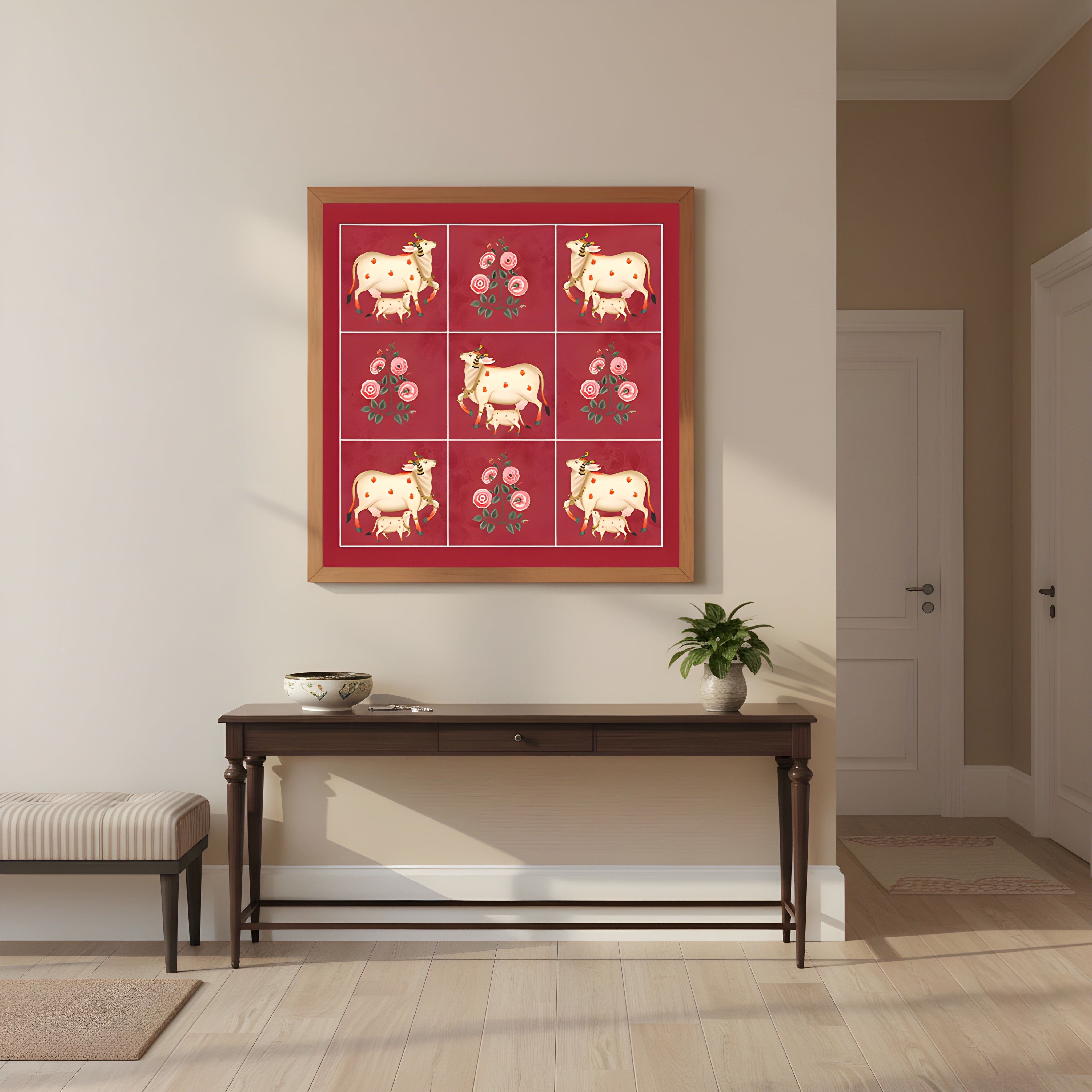 Sacred Cow with Calf Grid Painting by Krutik – Indian Motif Wall Art