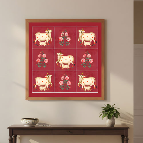 Sacred Cow with Calf Grid Painting by Krutik – Indian Motif Wall Art