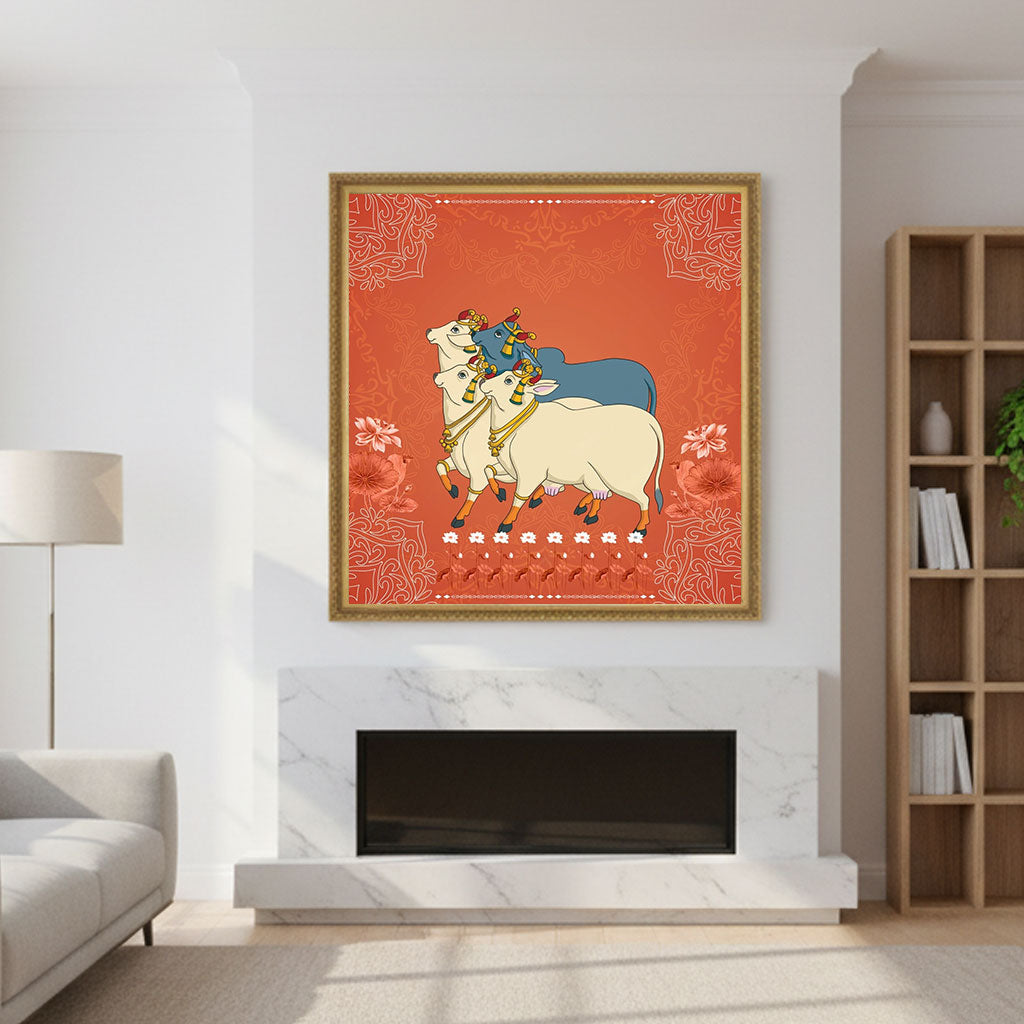krutik Indian Sacred Cow Wall Art – Regal Ethnic Painting for Home