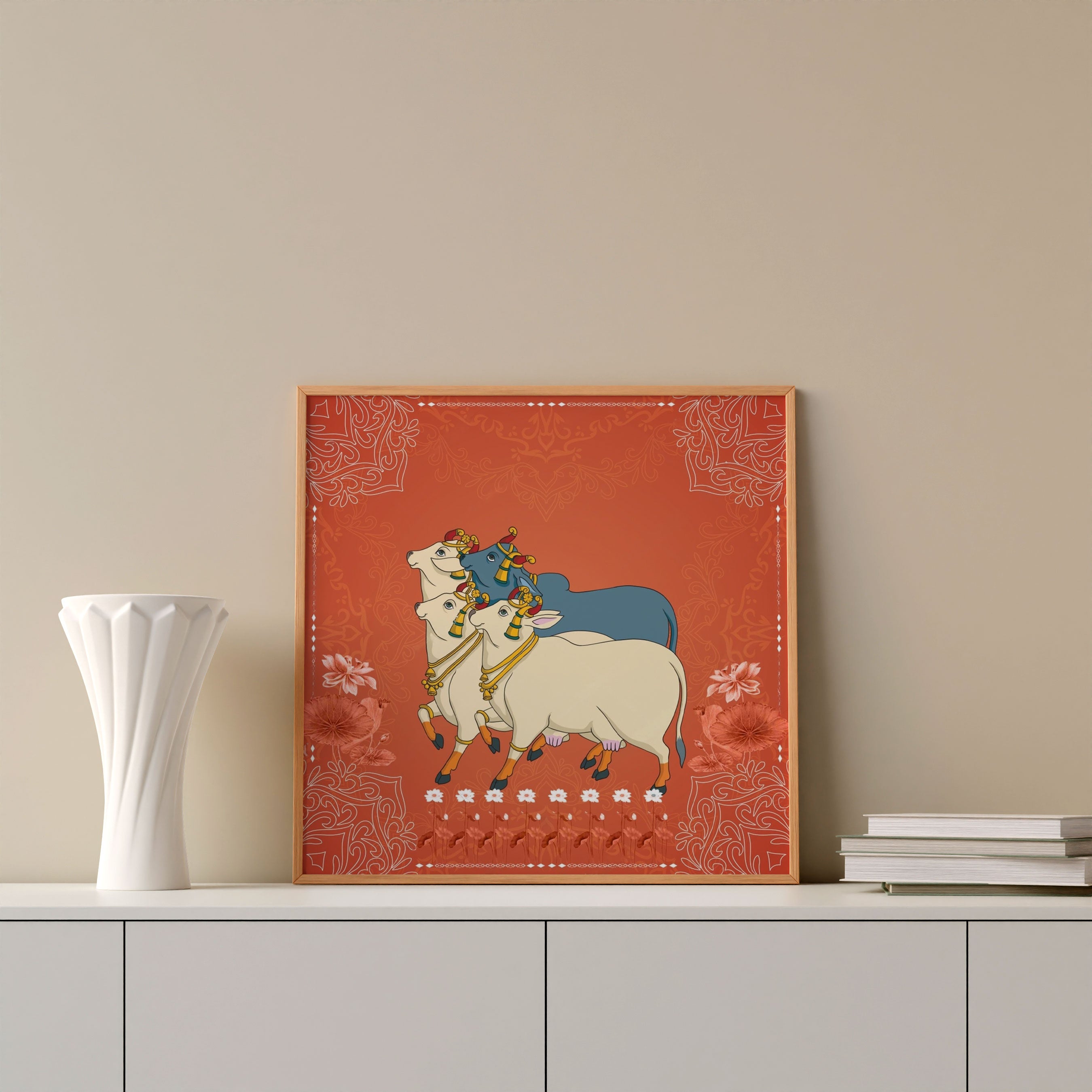 krutik Indian Sacred Cow Wall Art – Regal Ethnic Painting for Home