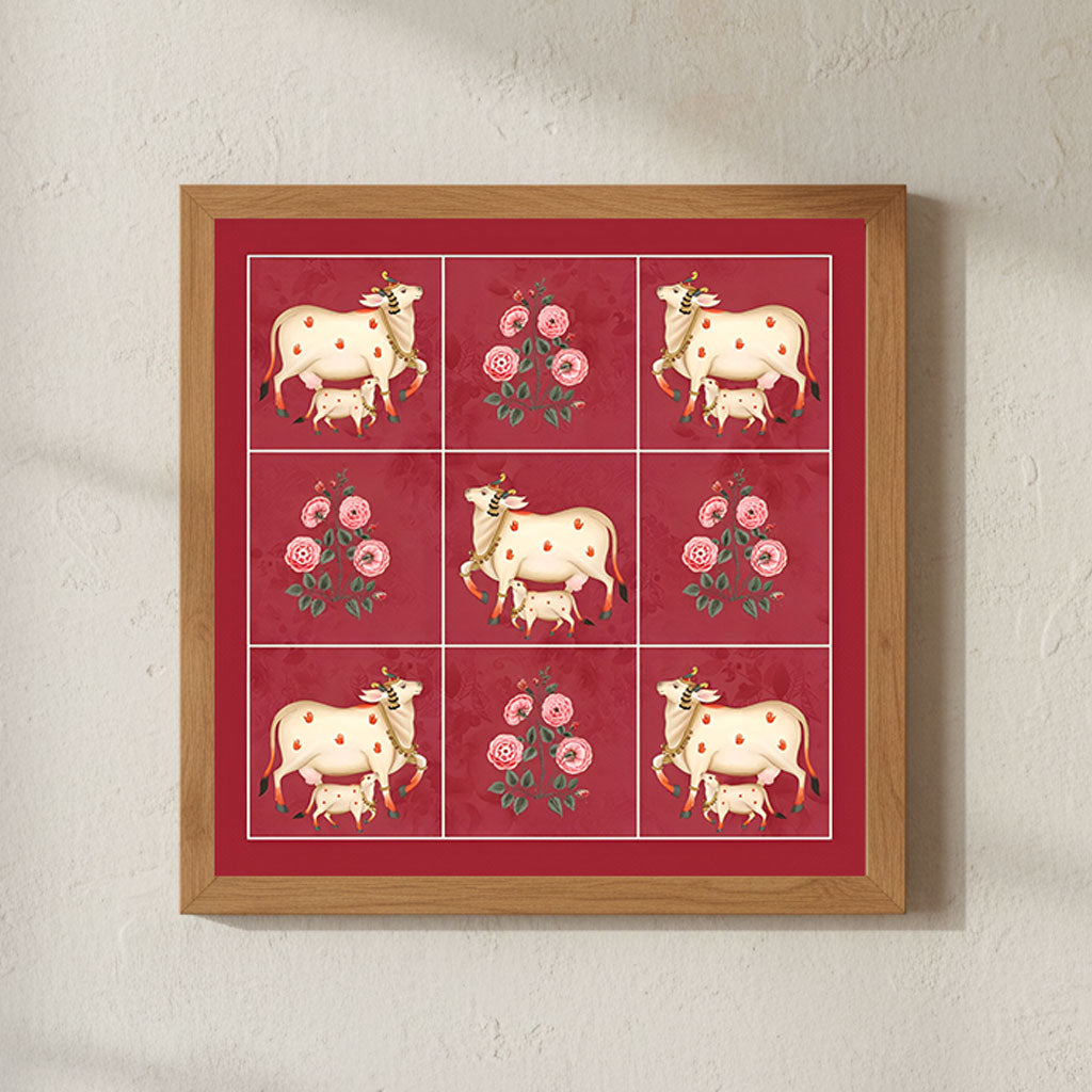 Sacred Cow with Calf Grid Painting by Krutik – Indian Motif Wall Art