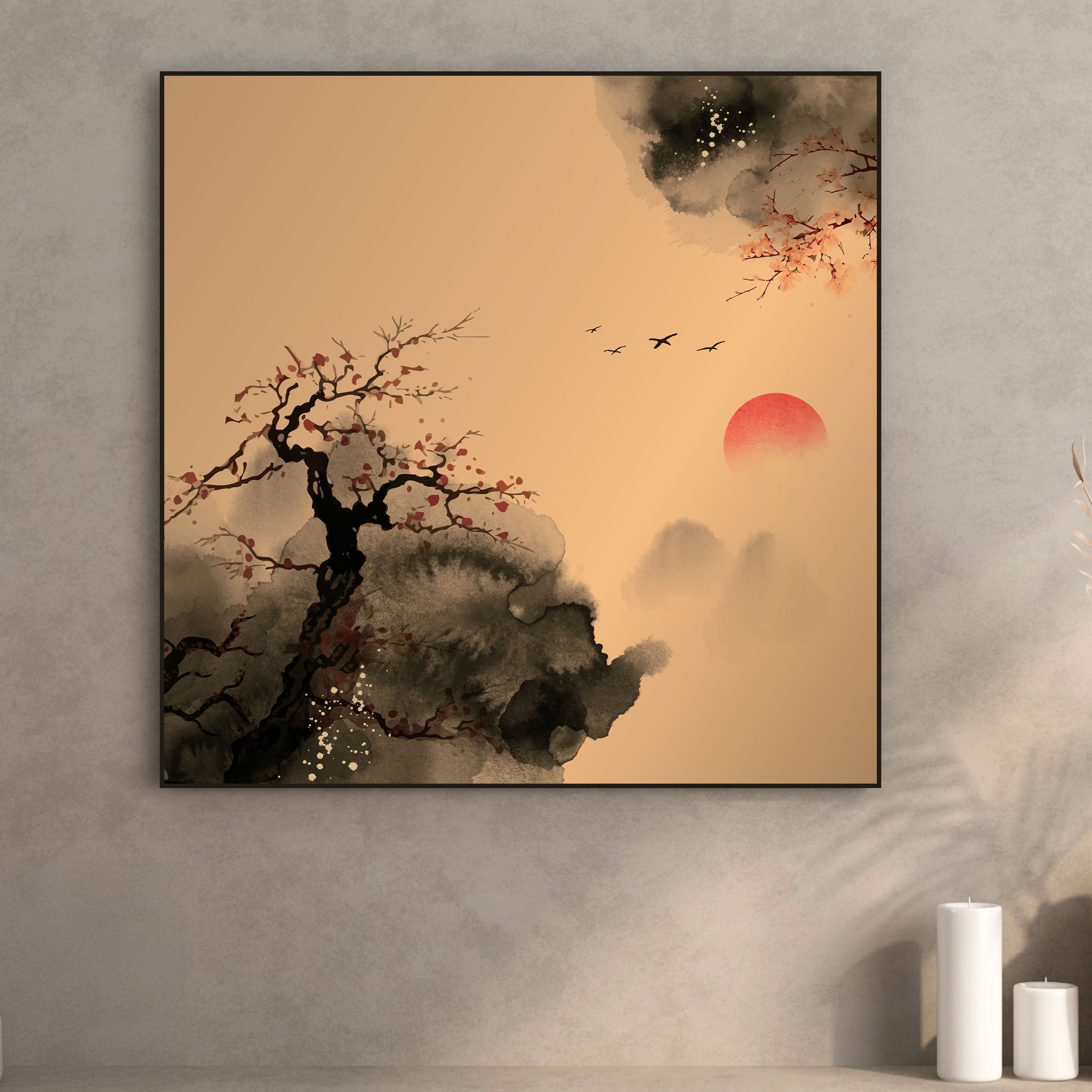 Japanese Sunrise Canvas Painting – Zen Nature Wall Painting for Home.