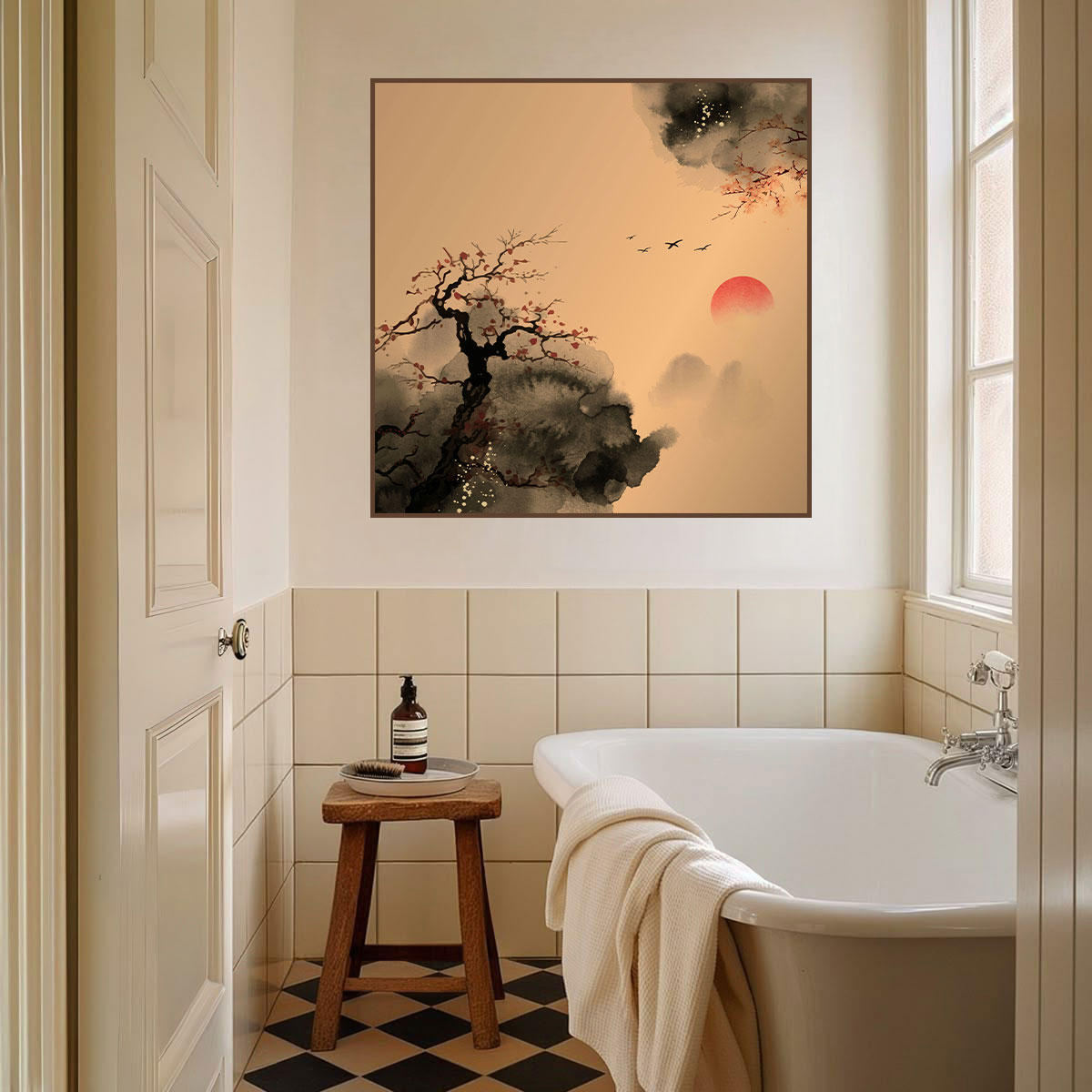 Japanese Sunrise Canvas Painting – Zen Nature Wall Painting for Home.