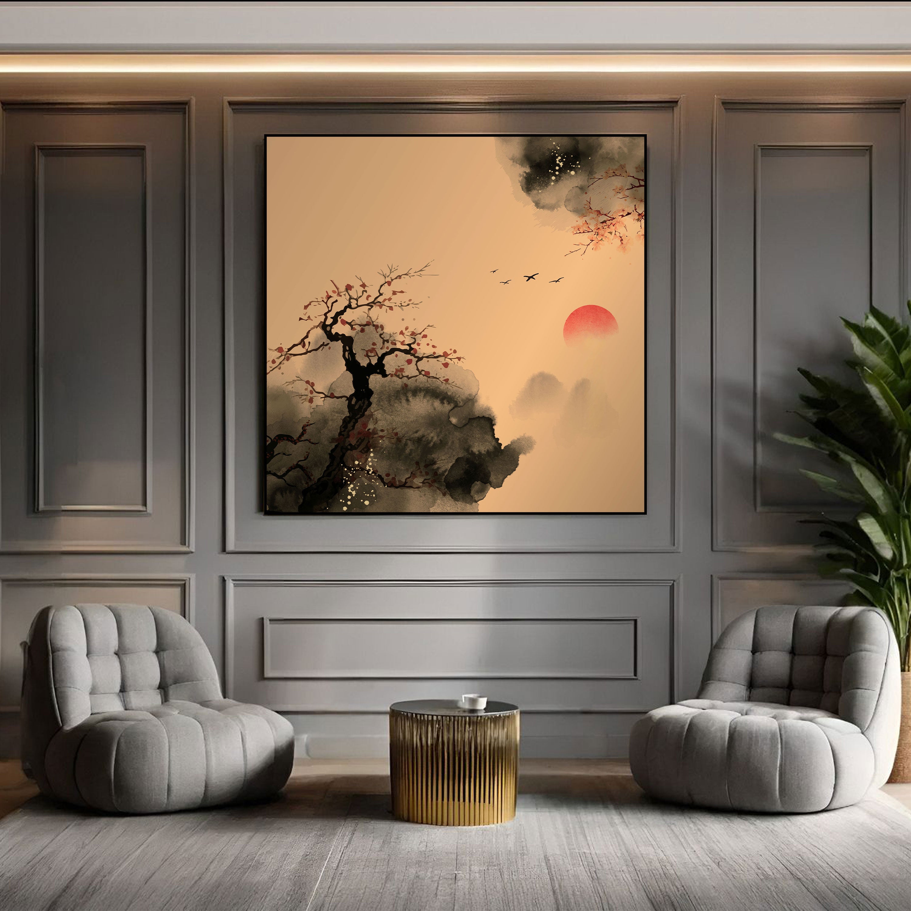 Japanese Sunrise Canvas Painting – Zen Nature Wall Painting for Home.