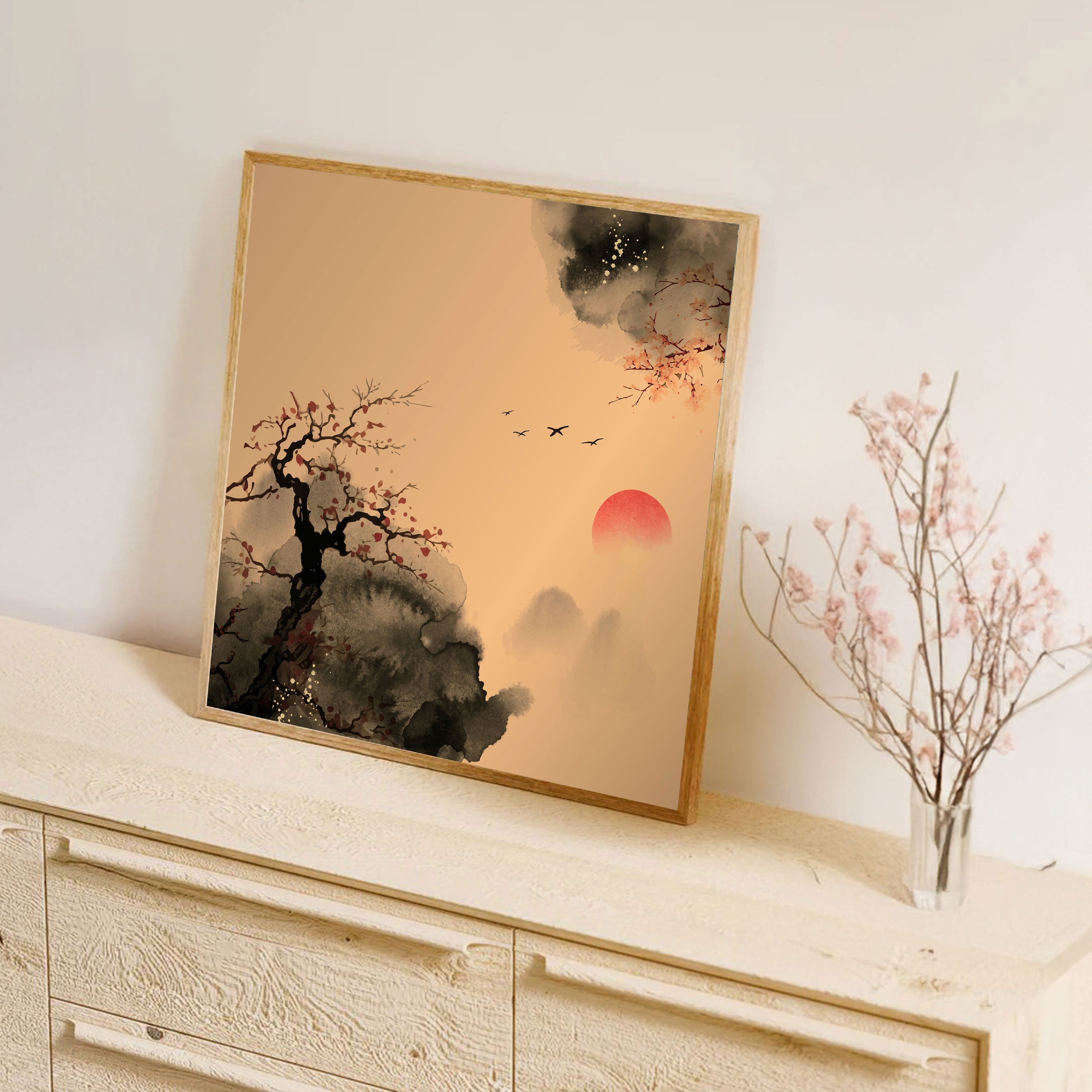 Japanese Sunrise Canvas Painting – Zen Nature Wall Painting for Home.