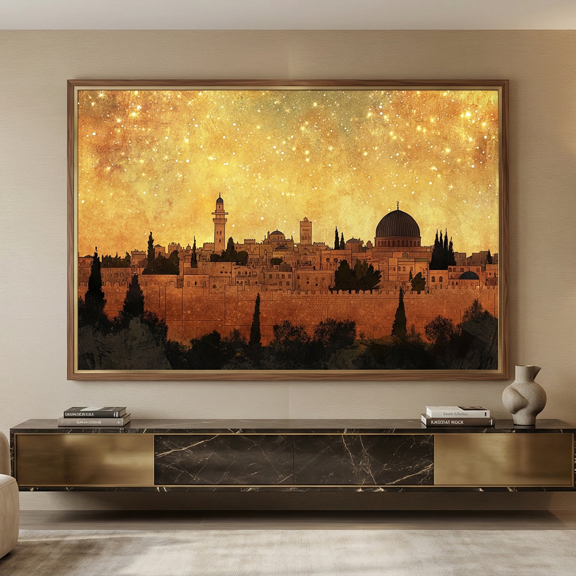Jerusalem Skyline Wall Art | Islamic Canvas Painting | Mosque Cityscape Wall Decor | Spiritual Home Decor