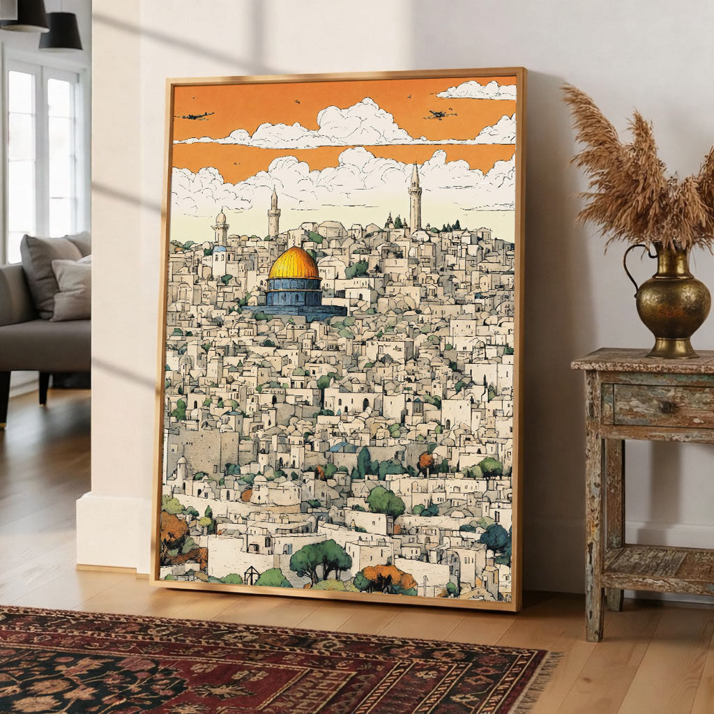 Jerusalem Skyline Wall Art | Dome of the Rock Cityscape Canvas Painting | Holy Land Home Decor