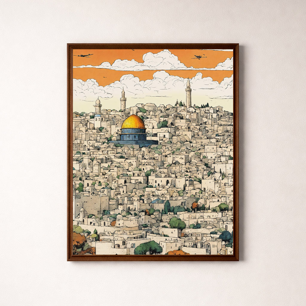 Jerusalem Skyline Wall Art | Dome of the Rock Cityscape Canvas Painting | Holy Land Home Decor