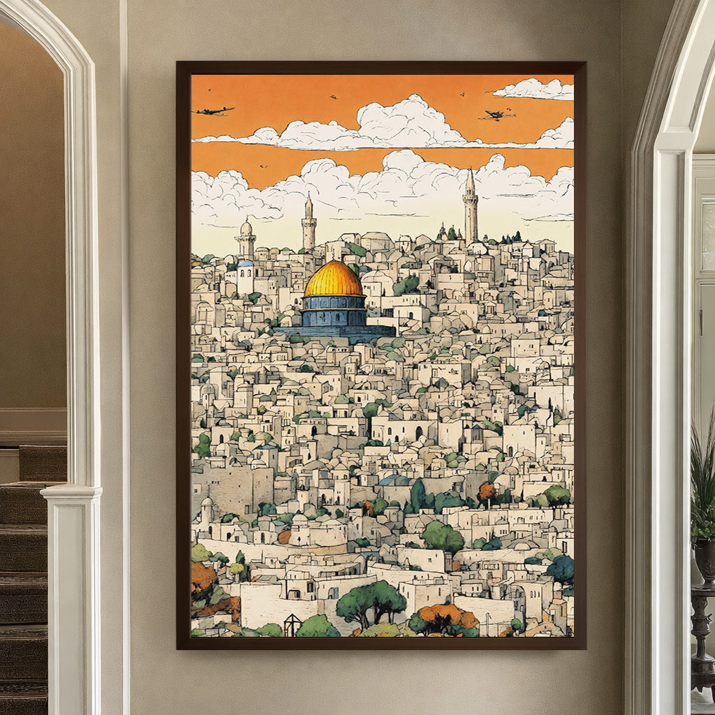 Jerusalem Skyline Wall Art | Dome of the Rock Cityscape Canvas Painting | Holy Land Home Decor