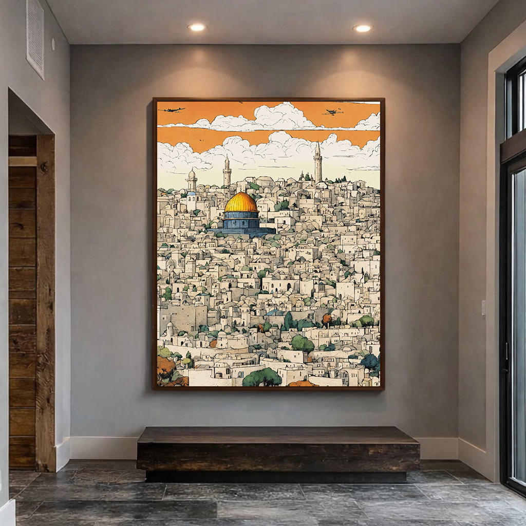 Jerusalem Skyline Wall Art | Dome of the Rock Cityscape Canvas Painting | Holy Land Home Decor
