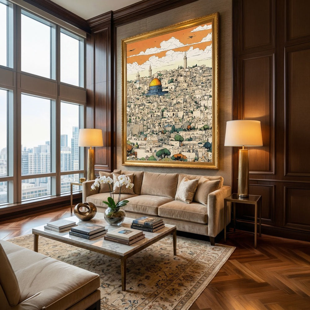 Jerusalem Skyline Wall Art | Dome of the Rock Cityscape Canvas Painting | Holy Land Home Decor