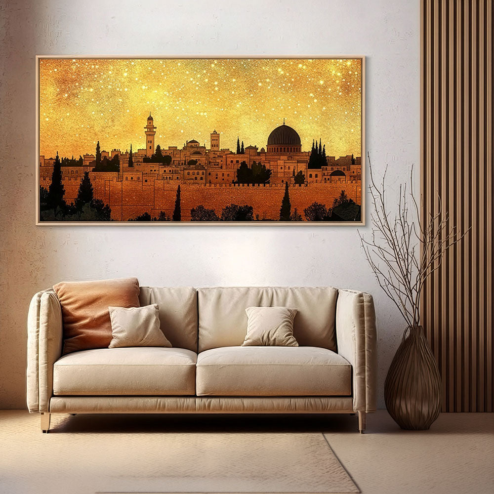 Jerusalem Skyline Wall Art | Islamic Canvas Painting | Mosque Cityscape Wall Decor | Spiritual Home Decor