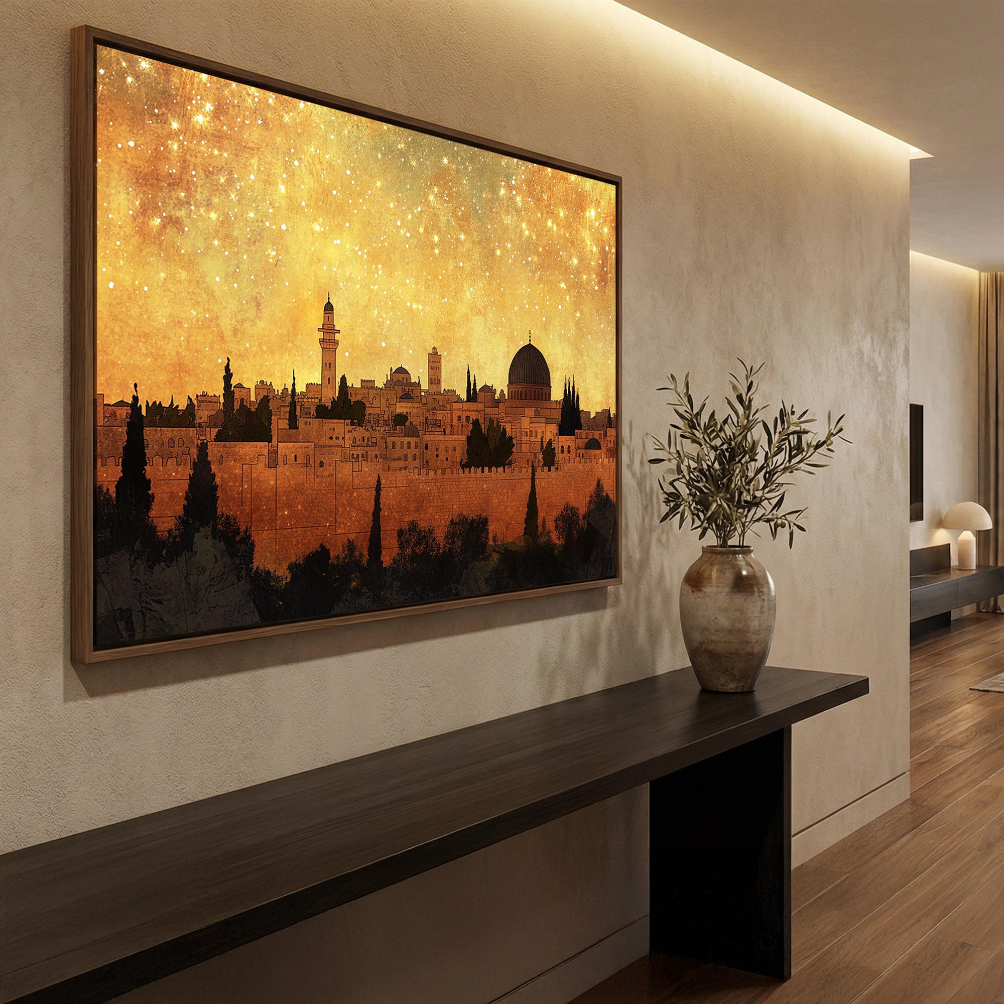 Jerusalem Skyline Wall Art | Islamic Canvas Painting | Mosque Cityscape Wall Decor | Spiritual Home Decor
