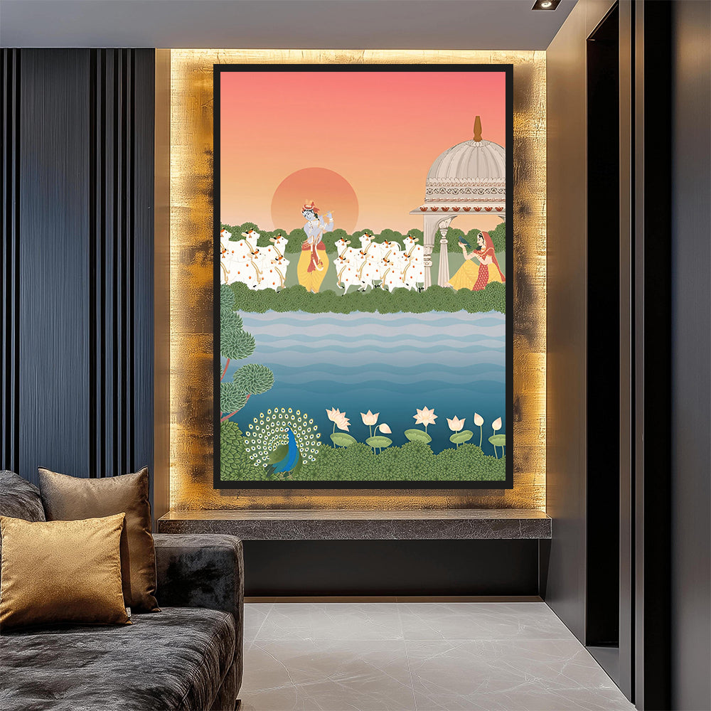 Radha Krishna Riverside Wall Art by Krutik – Divine Indian Painting