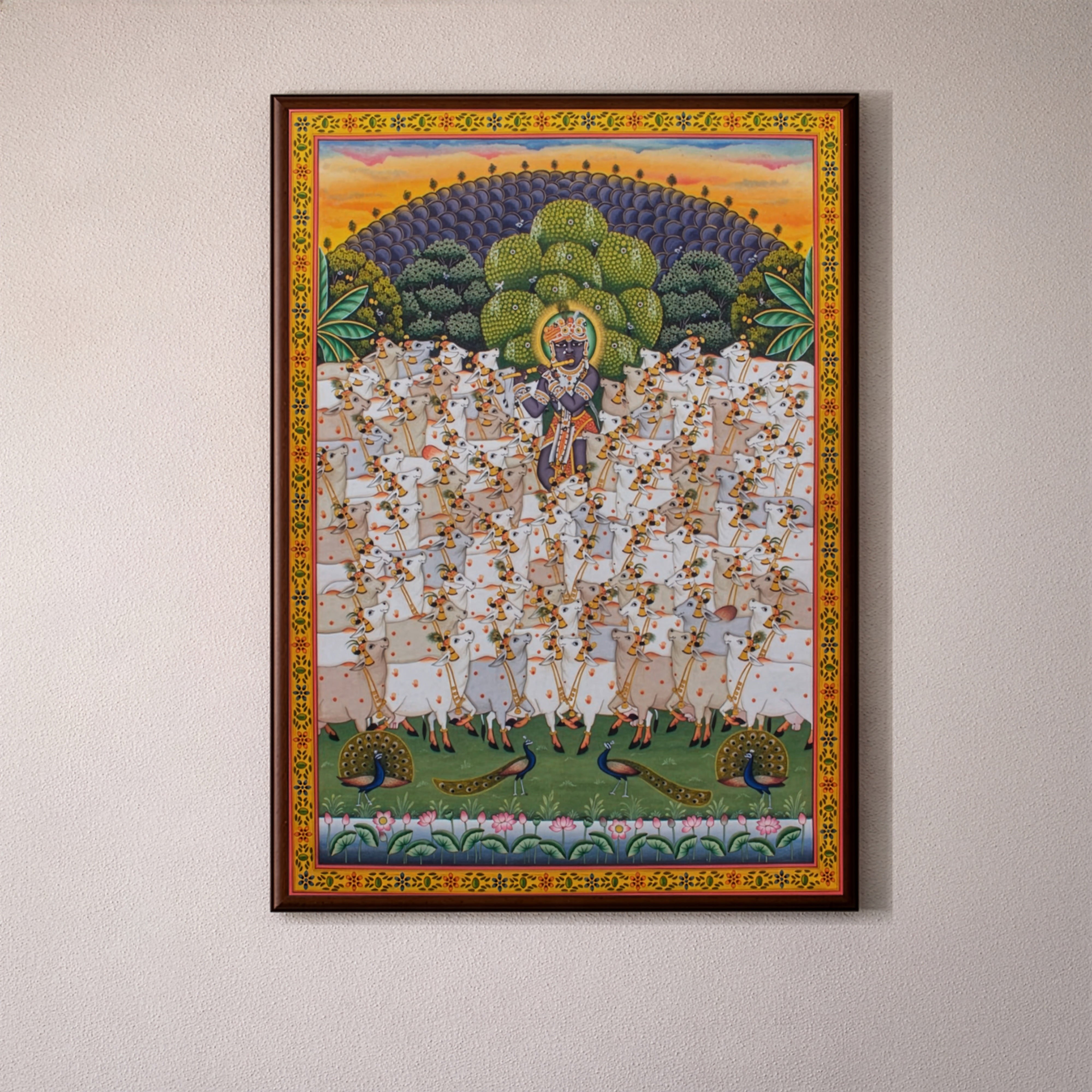 Original Handmade Krishna Gopala Pichwai Painting – Sacred Cow Devotional Art (3x4 Ft)
