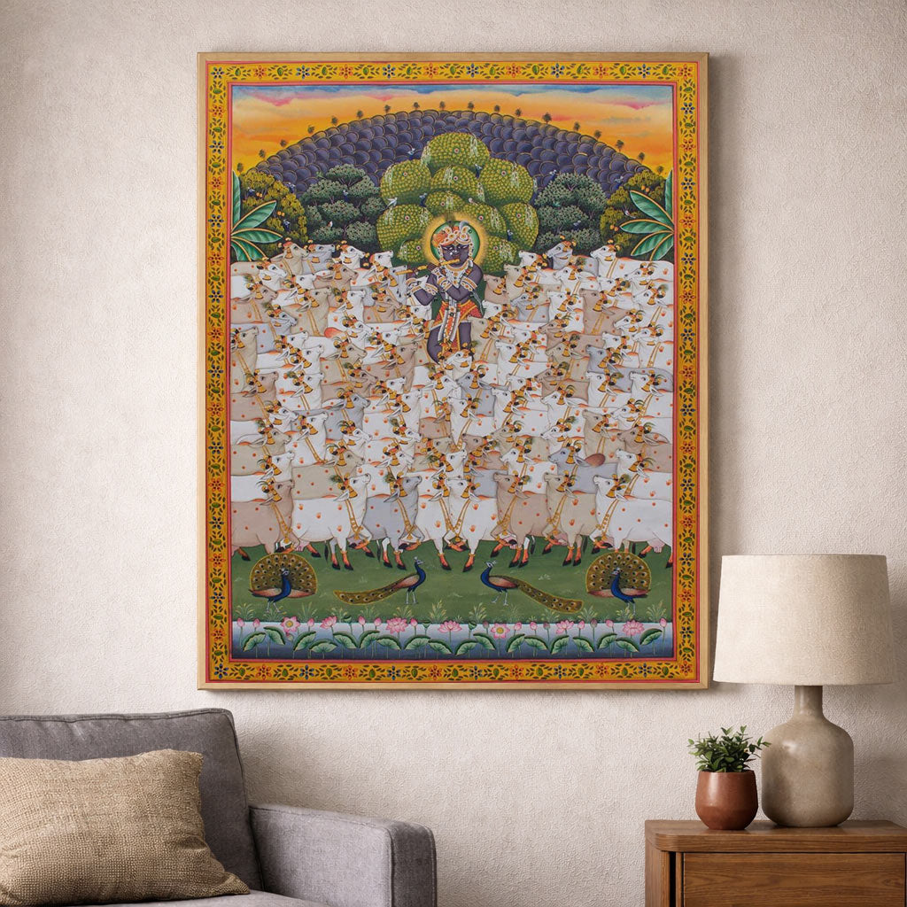 Original Handmade Krishna Gopala Pichwai Painting – Sacred Cow Devotional Art (3x4 Ft)