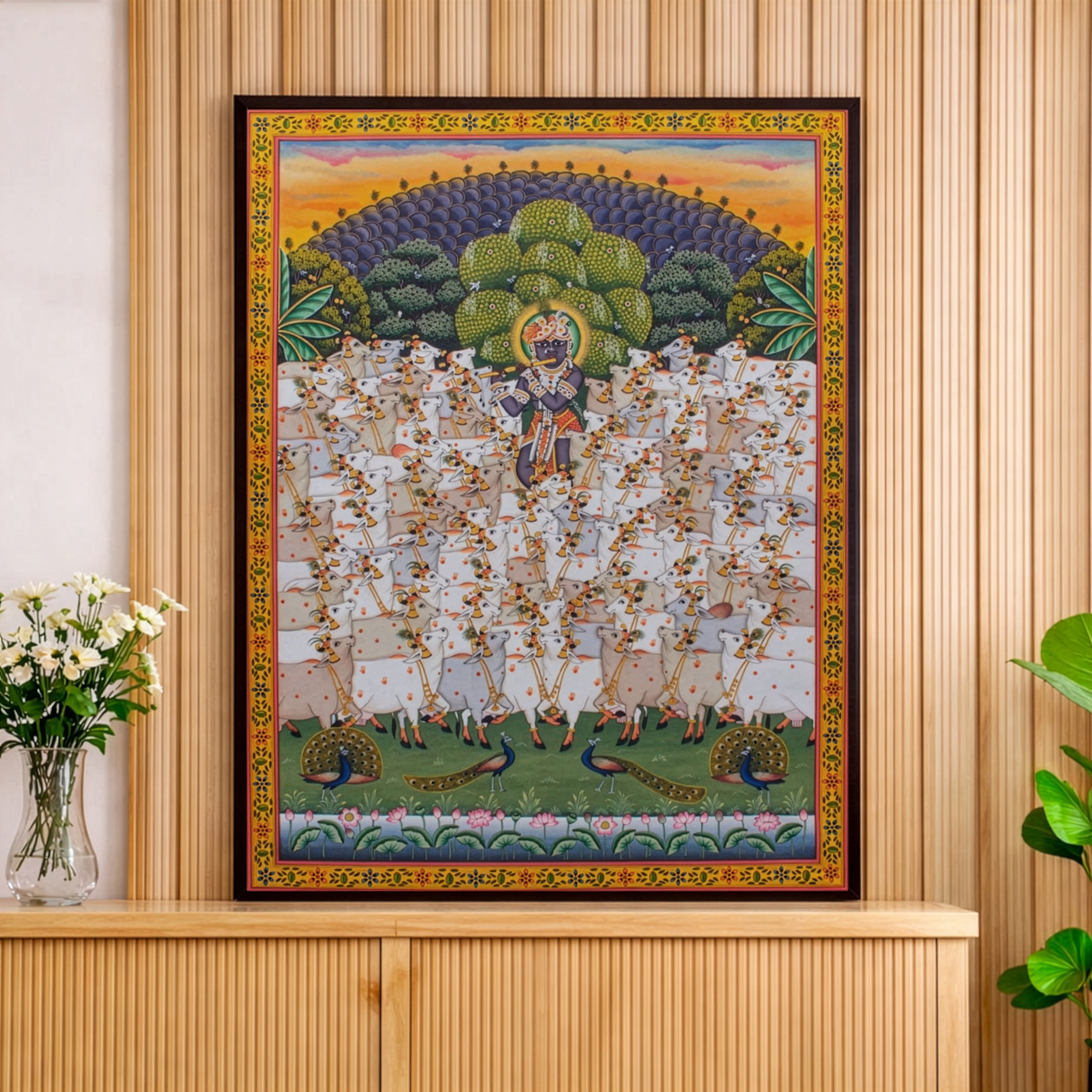 Original Handmade Krishna Gopala Pichwai Painting – Sacred Cow Devotional Art (3x4 Ft)