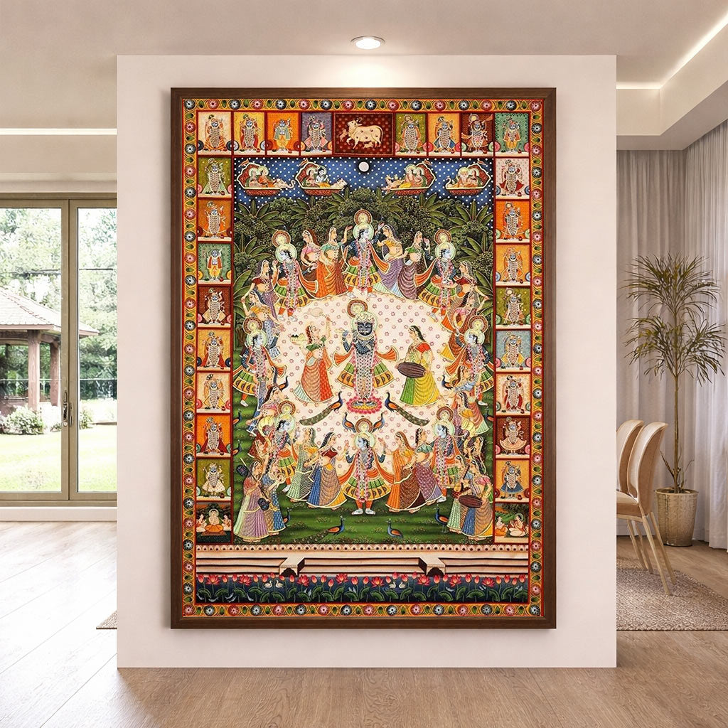 Original Handmade Krishna Raas Leela Pichwai Painting (3x4 Ft) – Shrinathji Devotional Wall Art