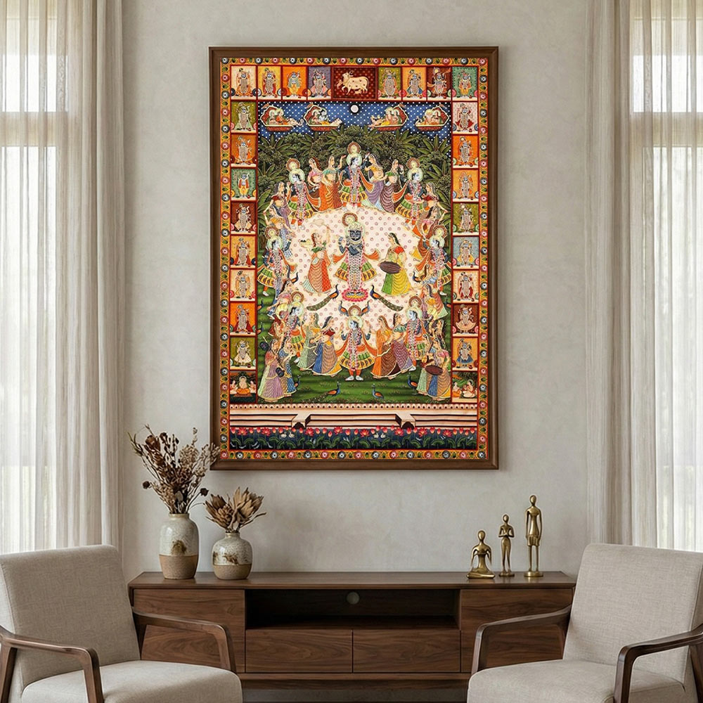 Original Handmade Krishna Raas Leela Pichwai Painting (3x4 Ft) – Shrinathji Devotional Wall Art