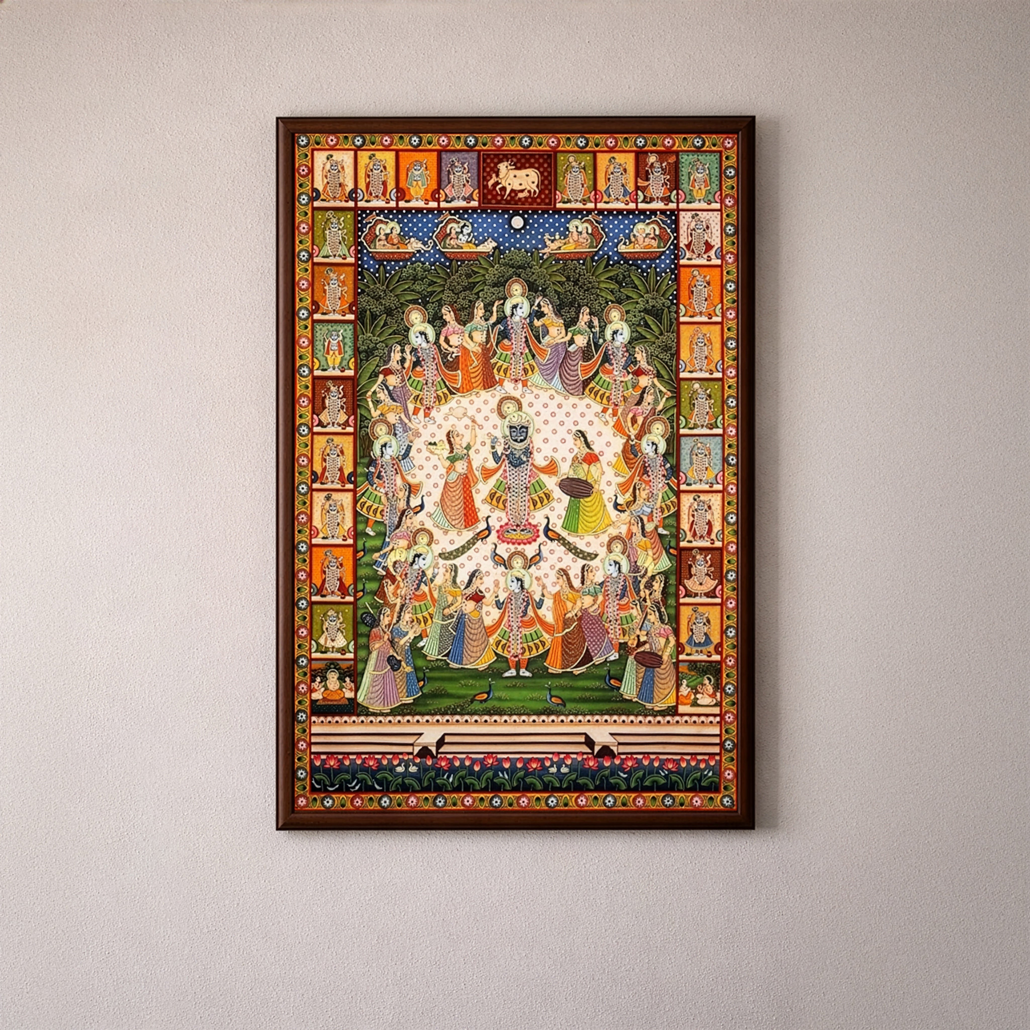 Original Handmade Krishna Raas Leela Pichwai Painting (3x4 Ft) – Shrinathji Devotional Wall Art