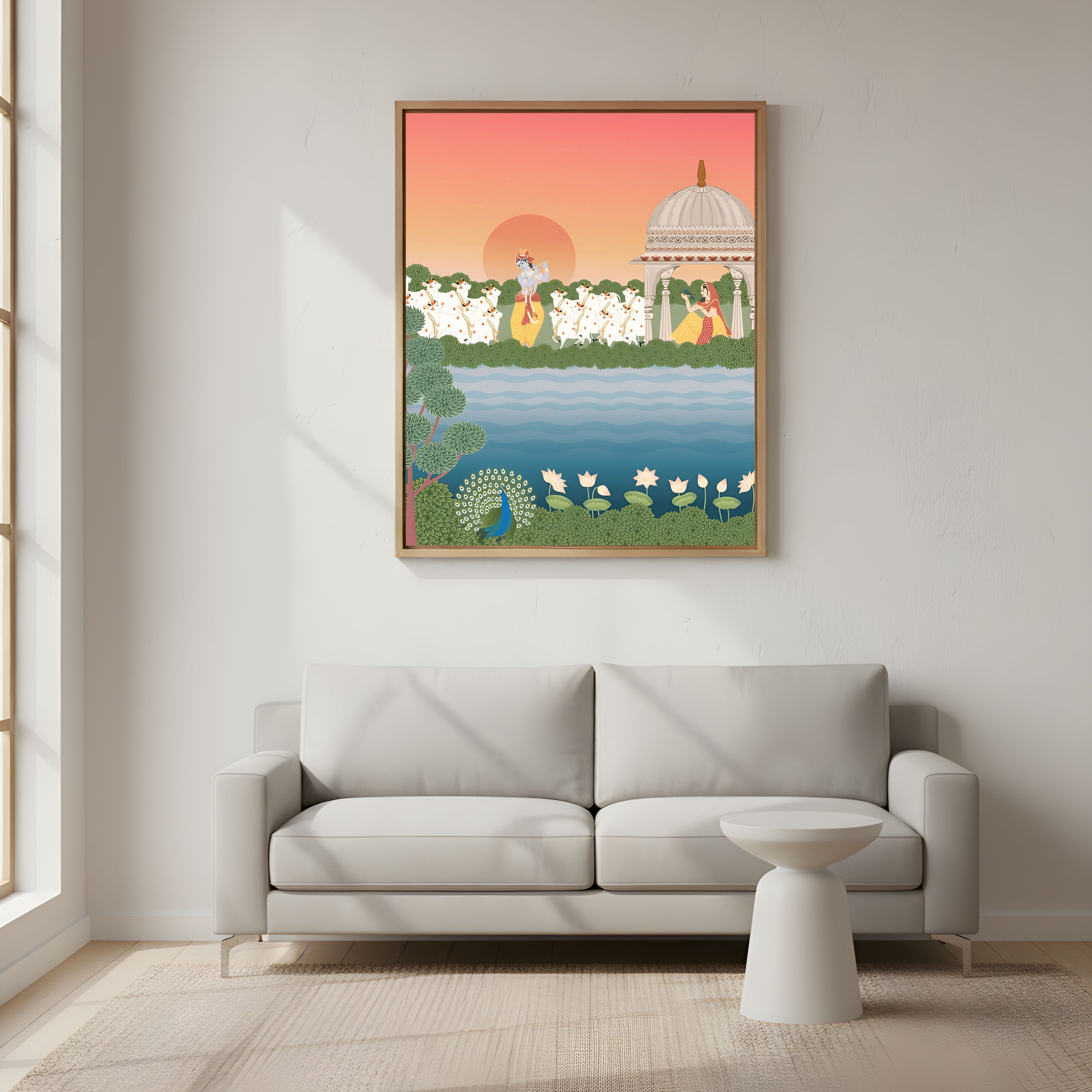Radha Krishna Riverside Wall Art by Krutik – Divine Indian Painting