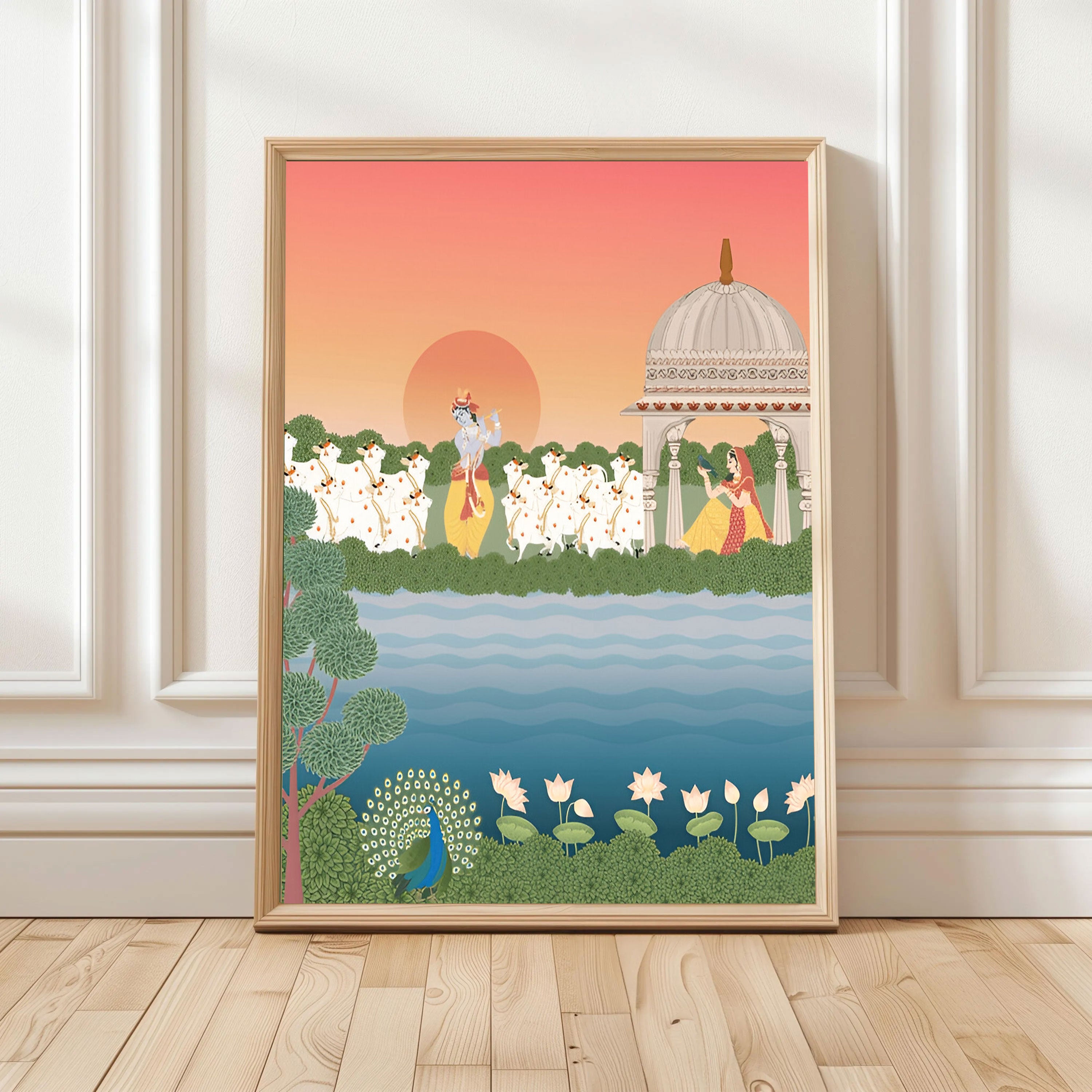 Radha Krishna Riverside Wall Art by Krutik – Divine Indian Painting