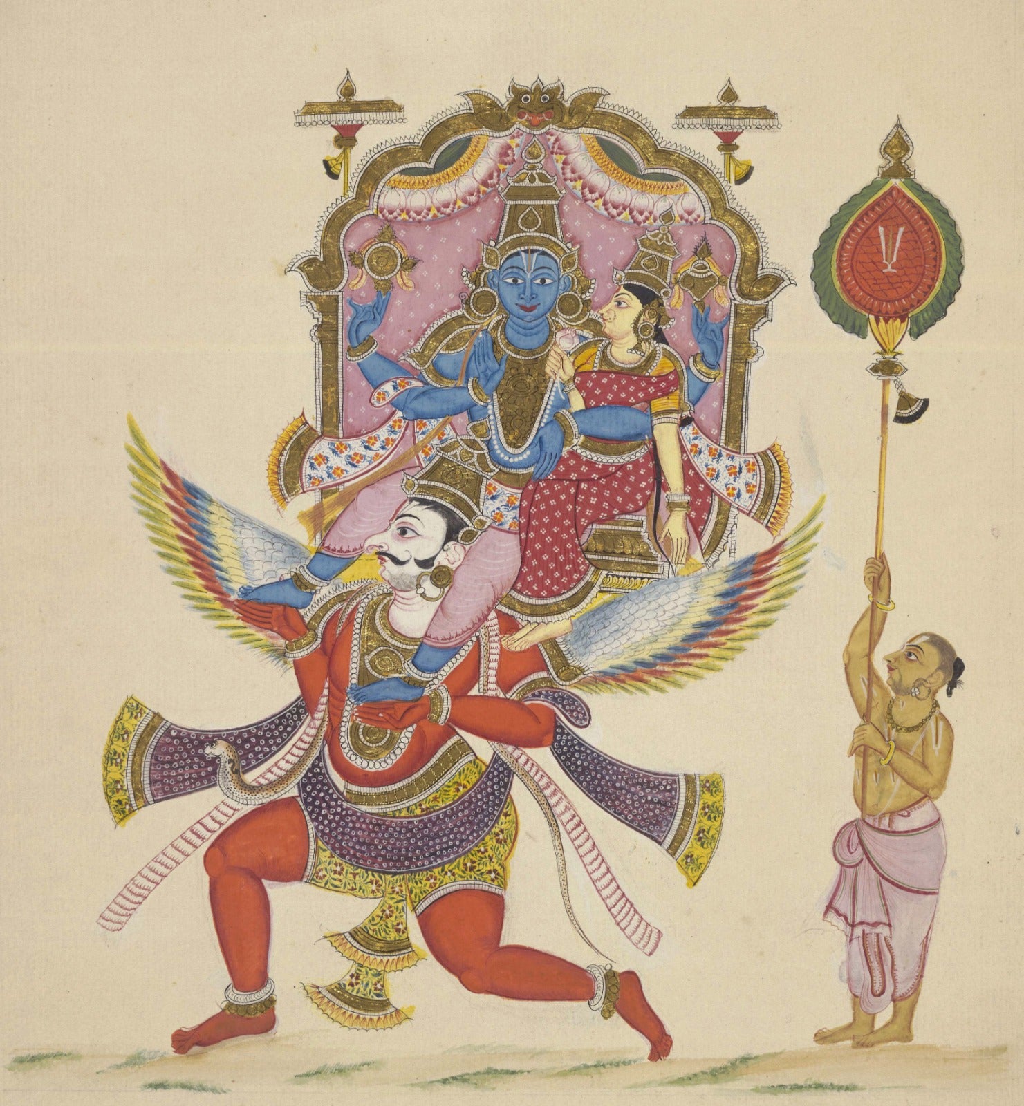 Lord Vishnu & Goddess Lakshmi Riding Garuda – Traditional Indian wall painting