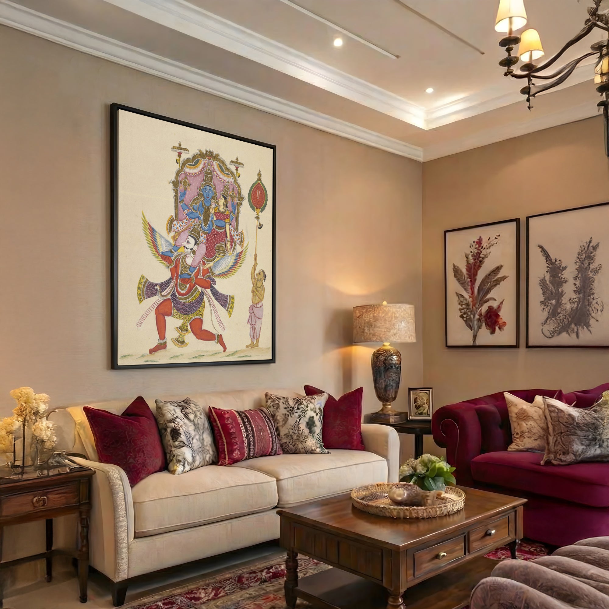 Lord Vishnu & Goddess Lakshmi Riding Garuda – Traditional Indian wall painting