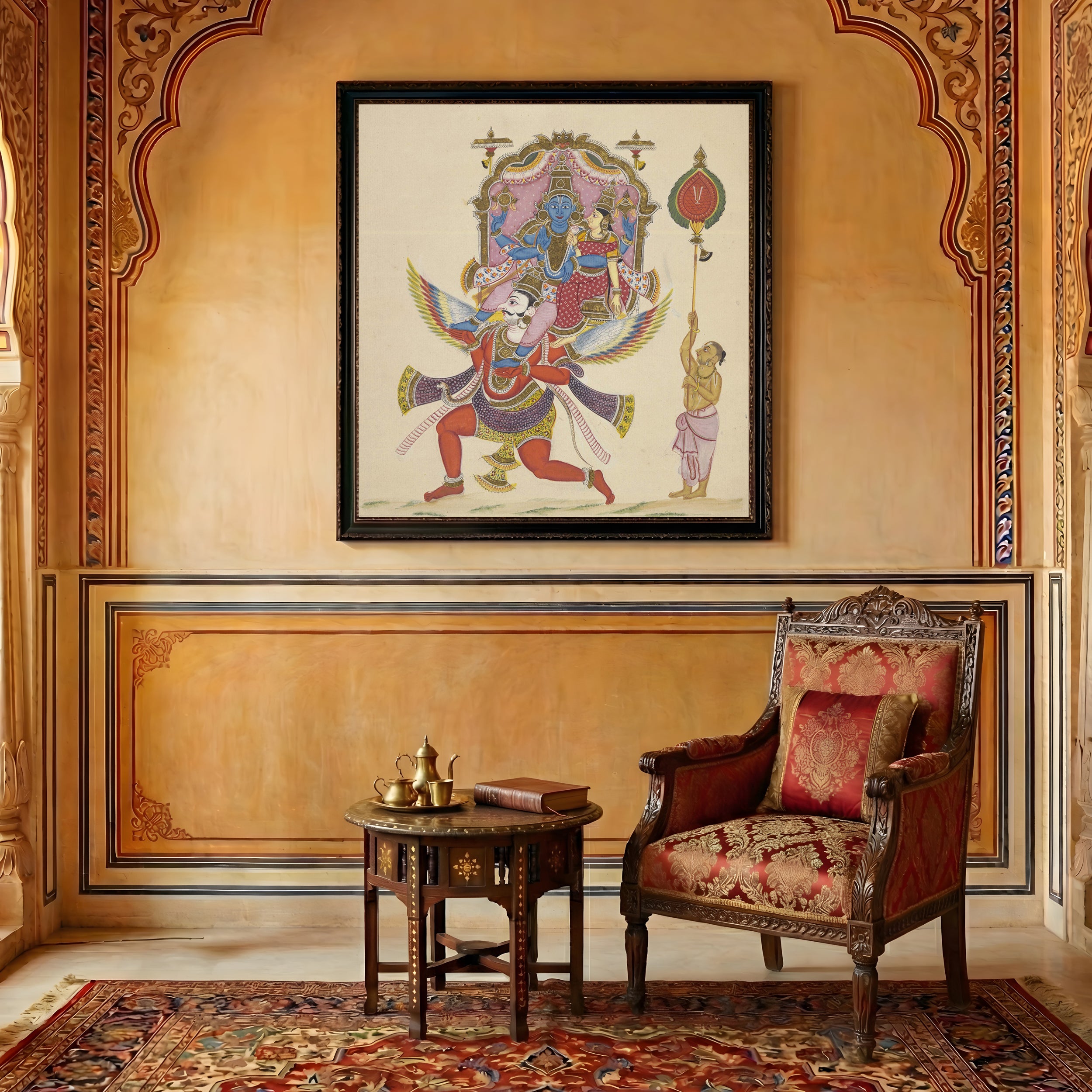 Lord Vishnu & Goddess Lakshmi Riding Garuda – Traditional Indian wall painting