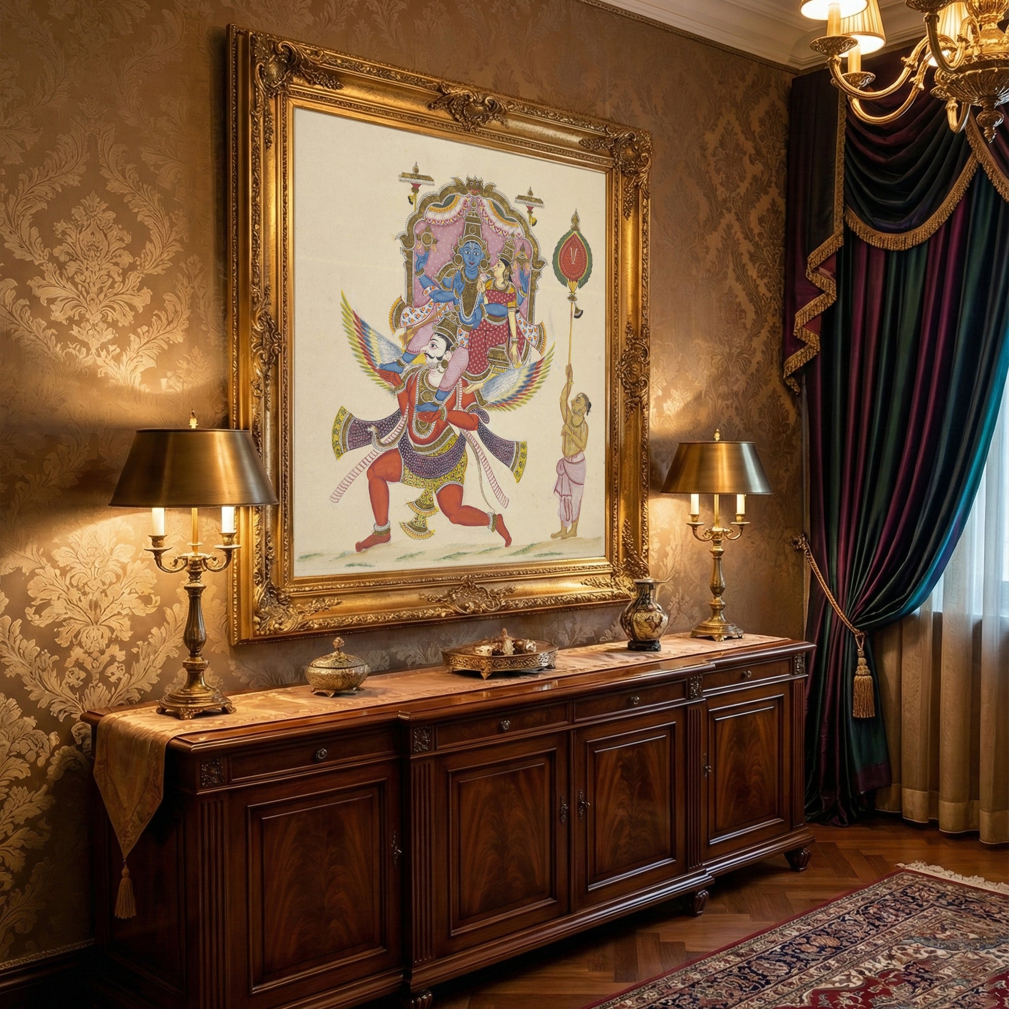 Lord Vishnu & Goddess Lakshmi Riding Garuda – Traditional Indian wall painting