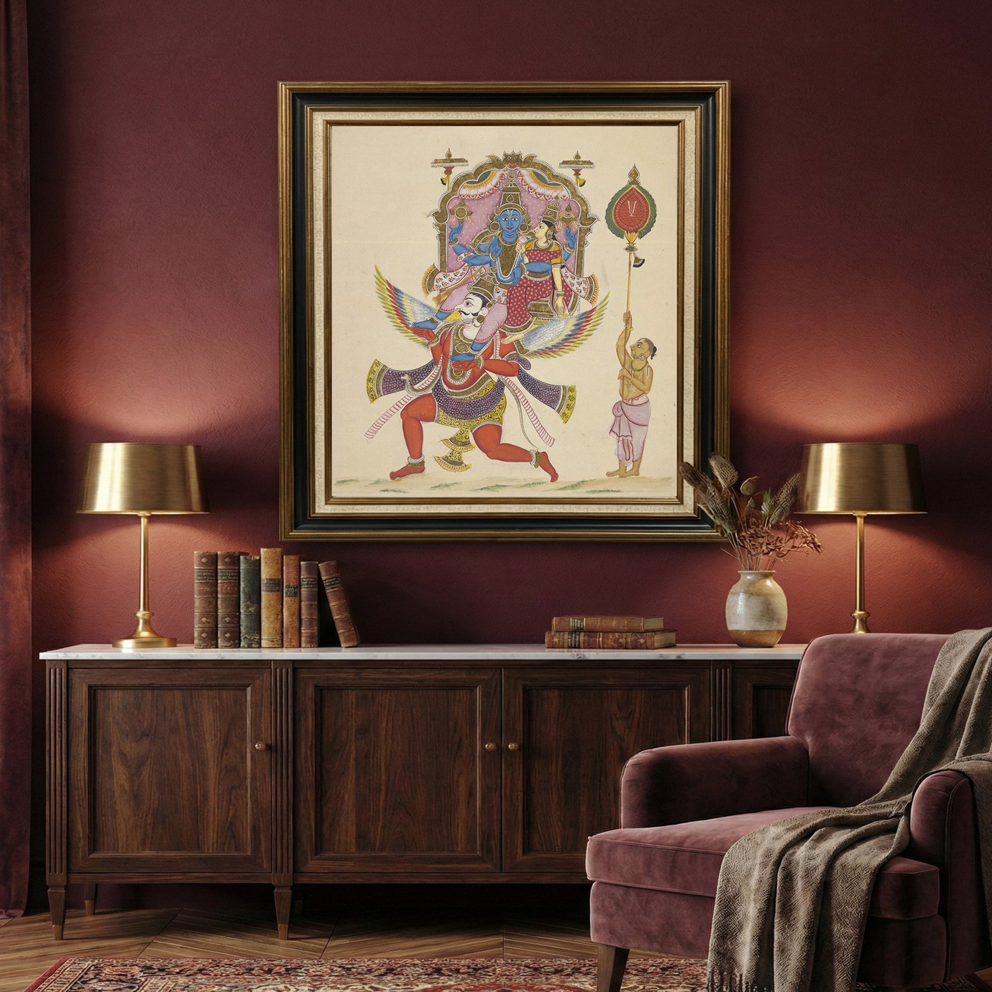 Lord Vishnu & Goddess Lakshmi Riding Garuda – Traditional Indian wall painting