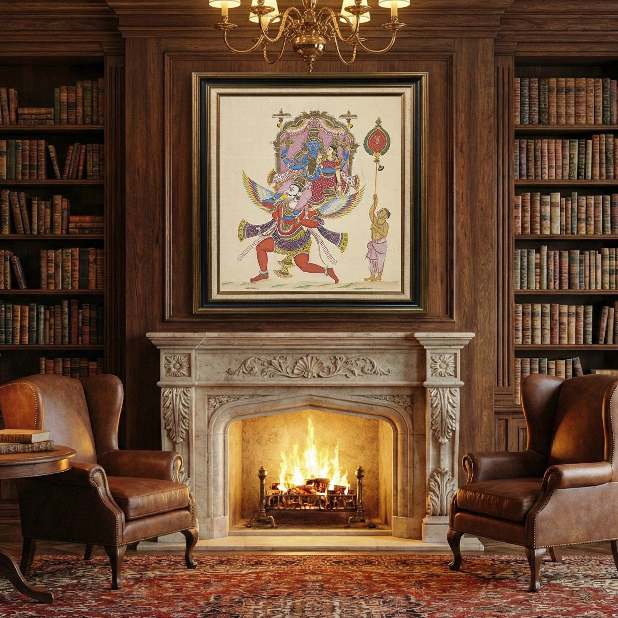 Lord Vishnu & Goddess Lakshmi Riding Garuda – Traditional Indian wall painting