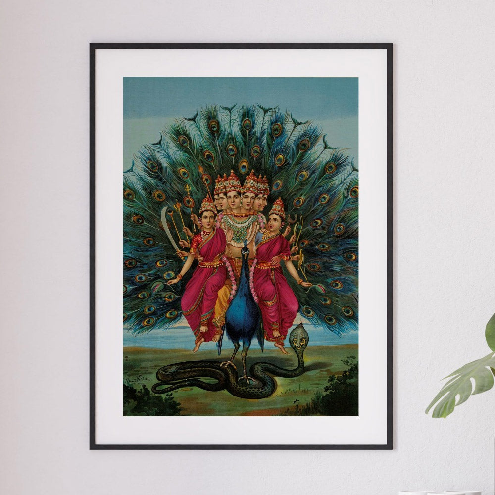 Raja Ravi Varma | Lord Kartikeya Shanmukha Wall Art Painting | Sacred Indian Wall Decor | Krutik