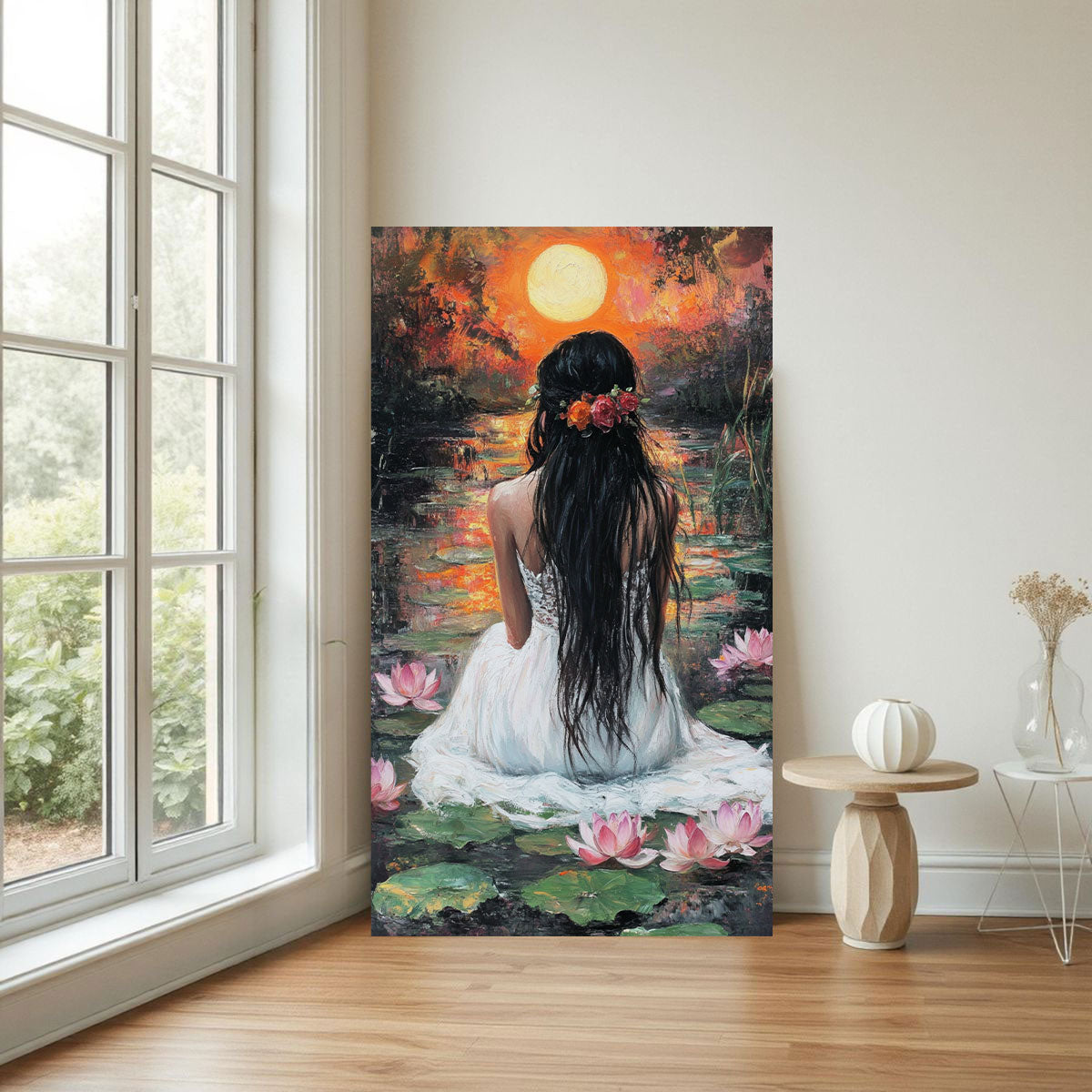 Lotus Serenity Canvas Painting – Meditative Woman by Pond Wall Art for Home.