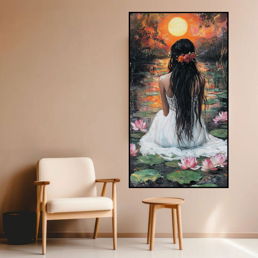 Lotus Serenity Canvas Painting – Meditative Woman by Pond Wall Art for Home.