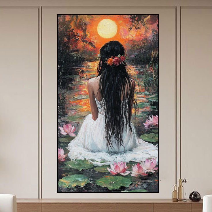 Lotus Serenity Canvas Painting – Meditative Woman by Pond Wall Art for Home.