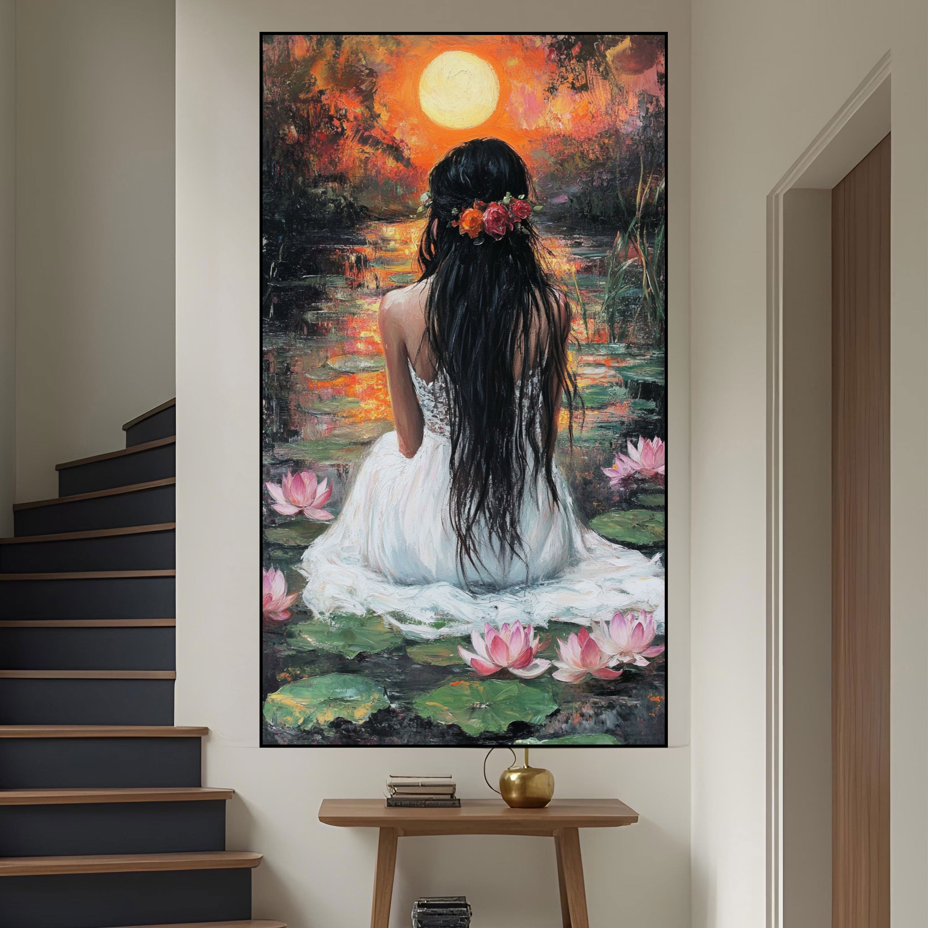 Lotus Serenity Canvas Painting – Meditative Woman by Pond Wall Art for Home.