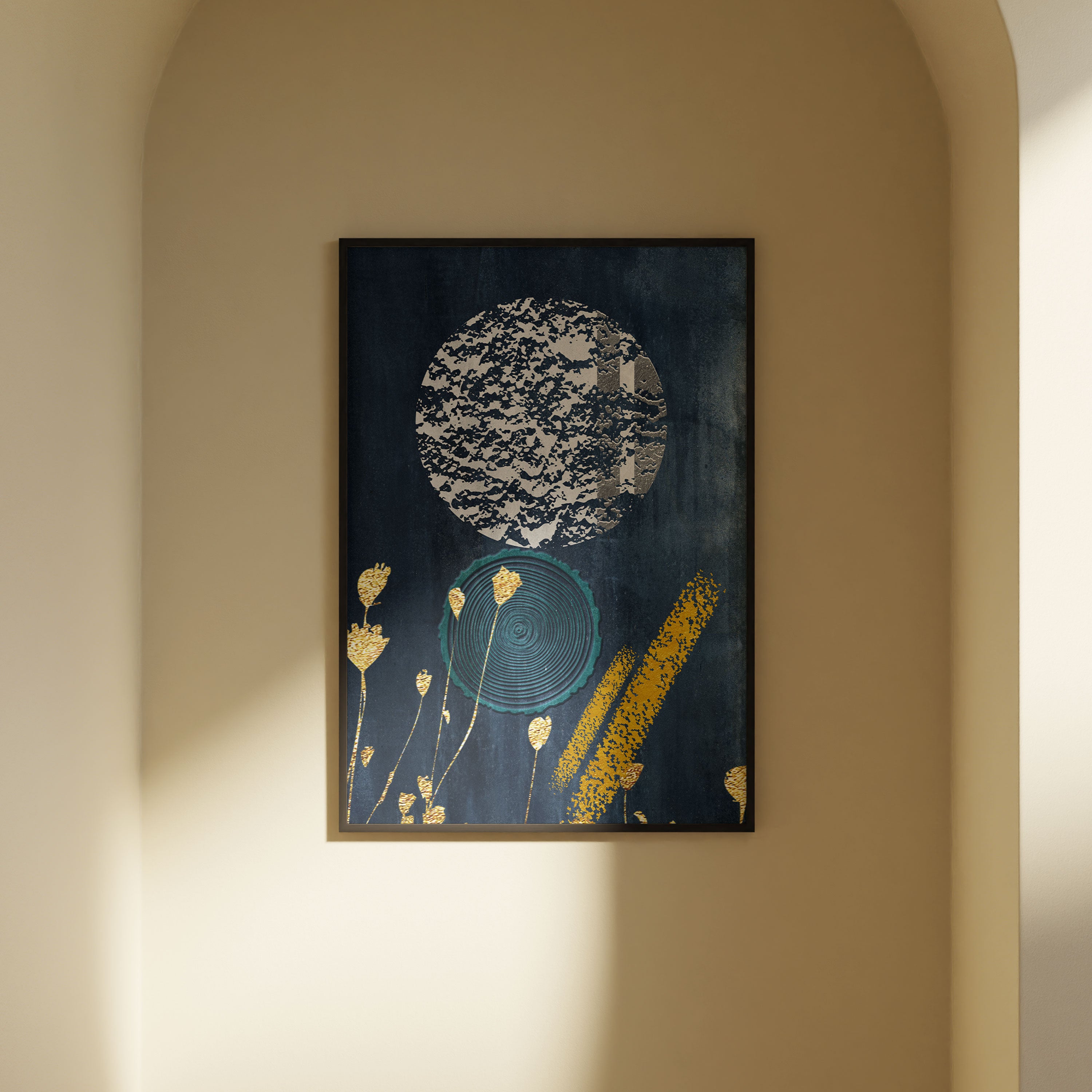 Lunar Echo – Modern Abstract Blue & Gold Wall Art by Krutik.